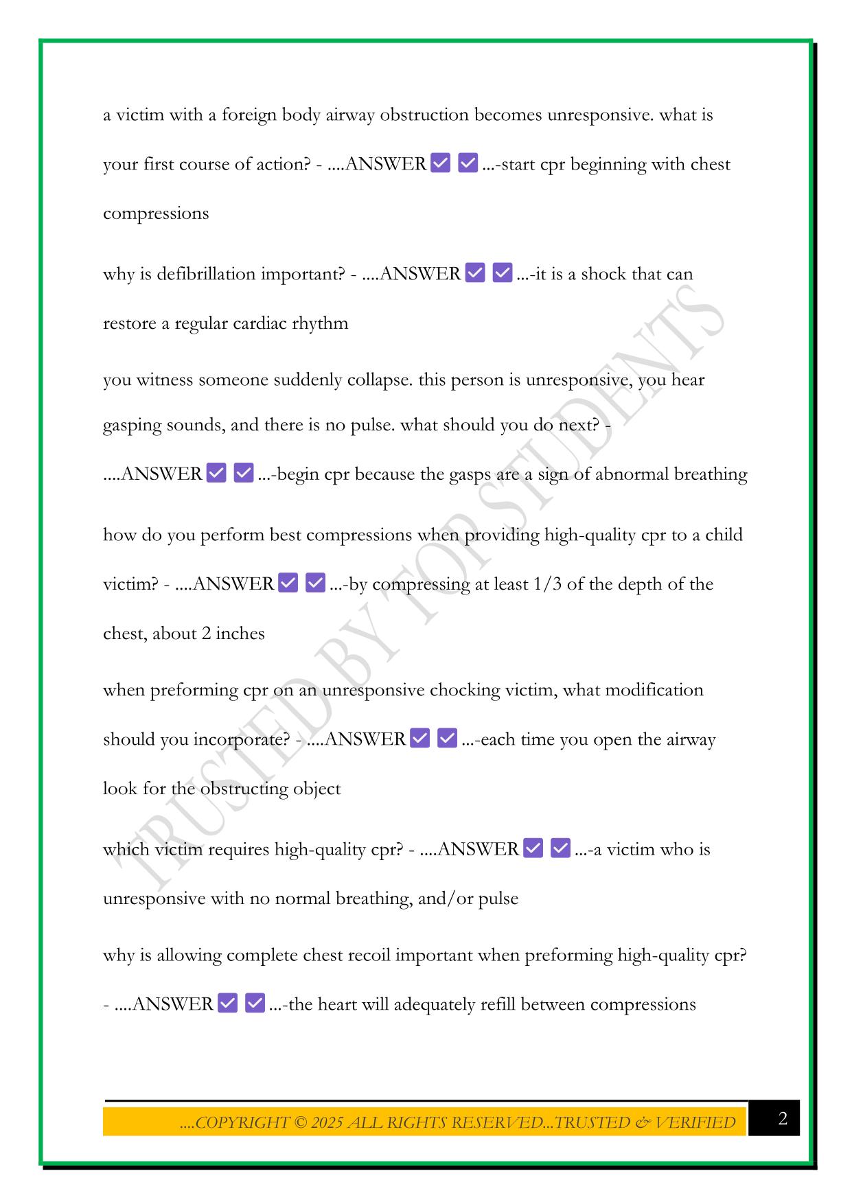 FIRST AID FINAL EXAM REVIEW 2025 QUESTIONS AND ANSWERS