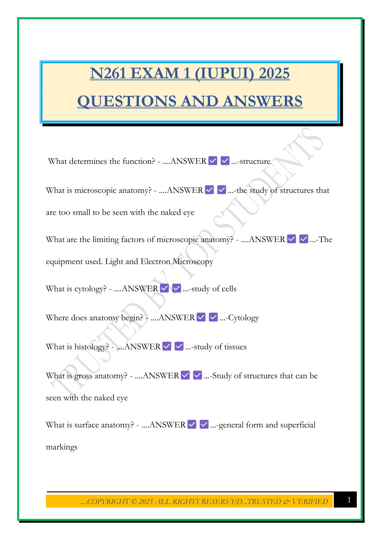 N261 EXAM 1 (IUPUI) 2025 QUESTIONS AND ANSWERS