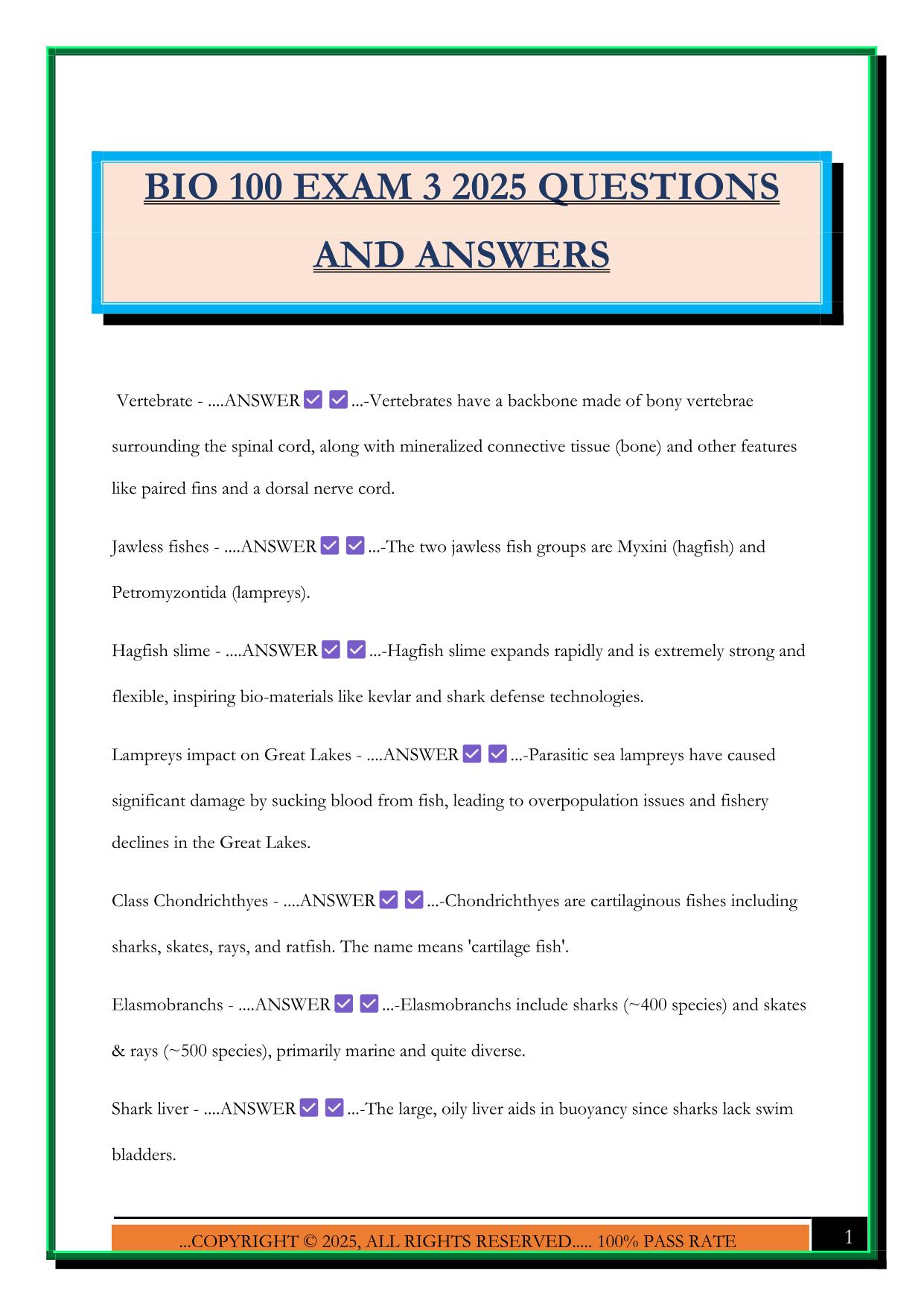 BIO 100 EXAM 3 2025 QUESTIONS AND ANSWERS