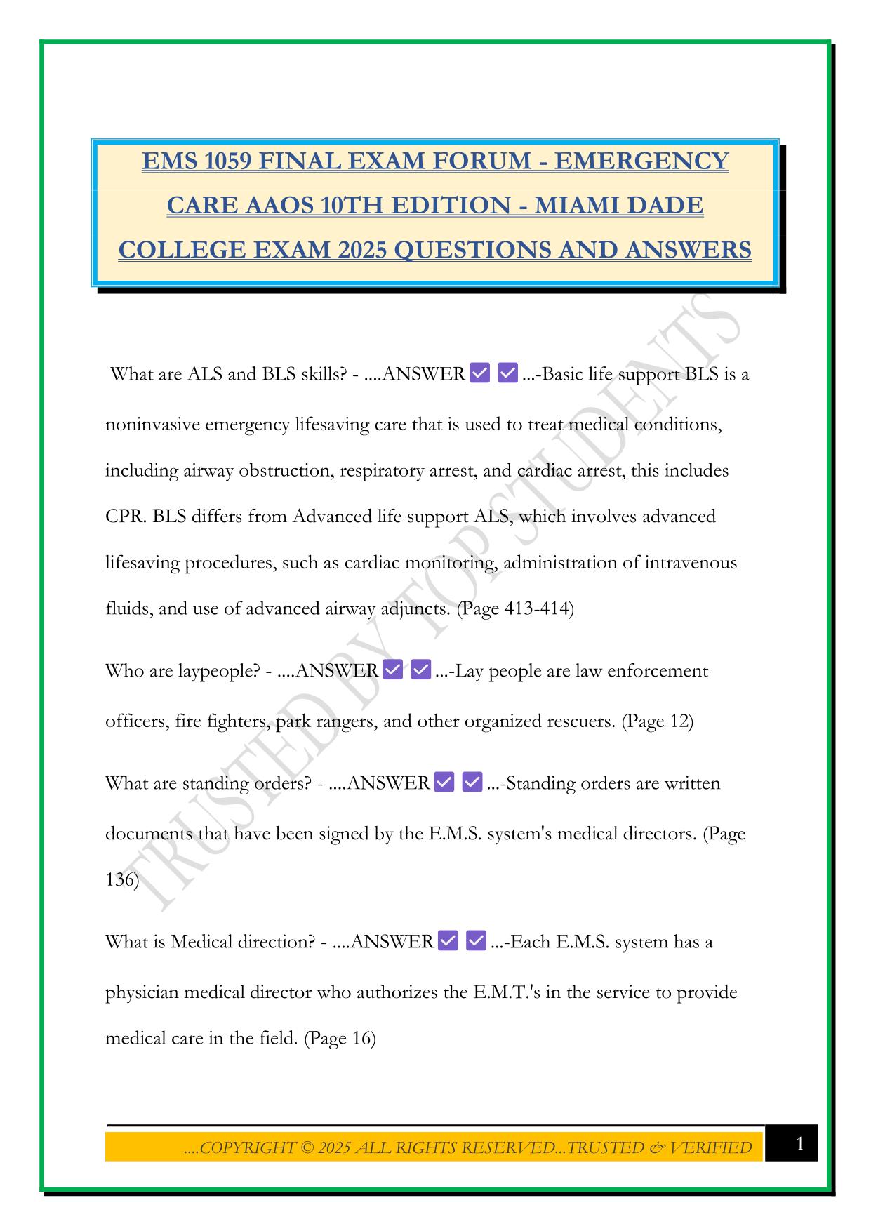 EMS 1059 FINAL EXAM FORUM - EMERGENCY CARE AAOS 10TH EDITION - MIAMI DADE COLLEGE EXAM 2025 QUESTIONS AND ANSWERS