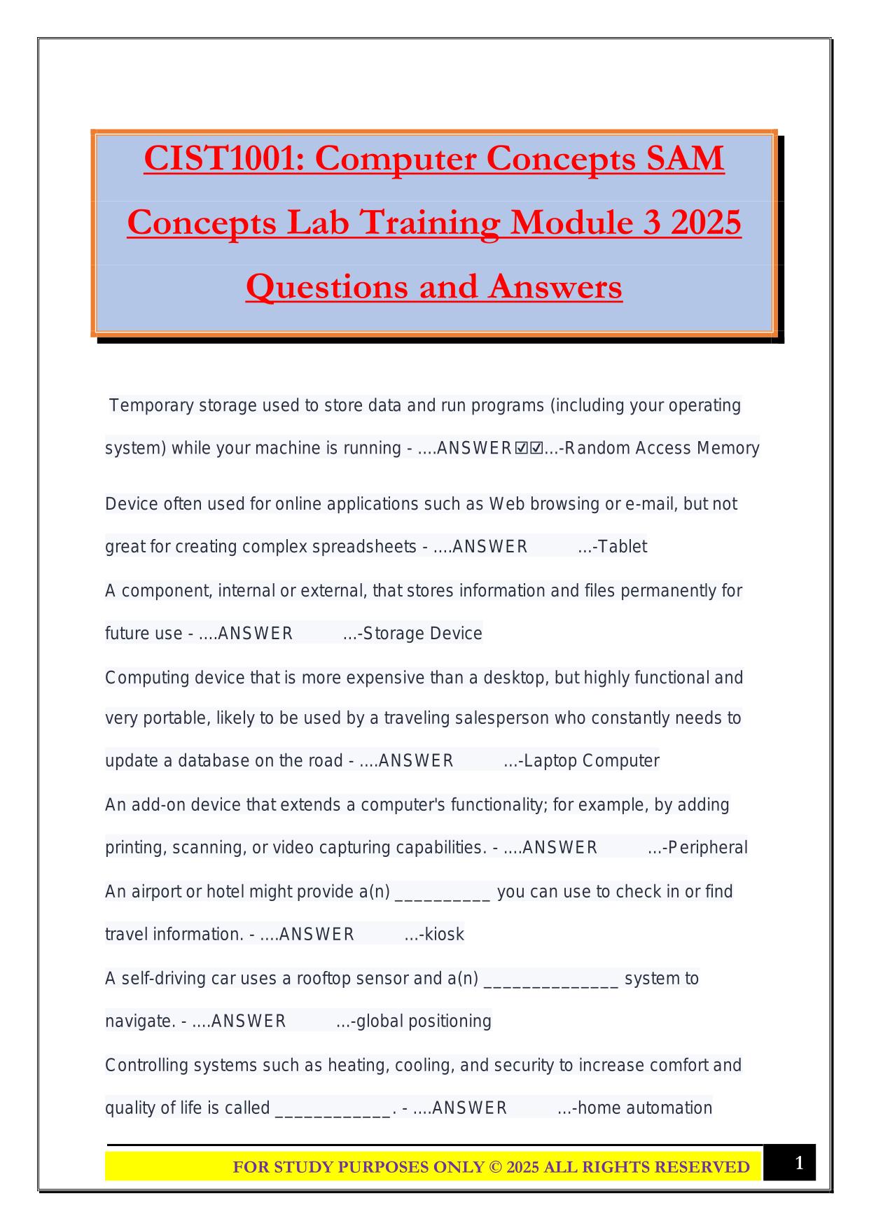 CIST1001: Computer Concepts SAM Concepts Lab Training Module 3 2025 Questions and Answers
