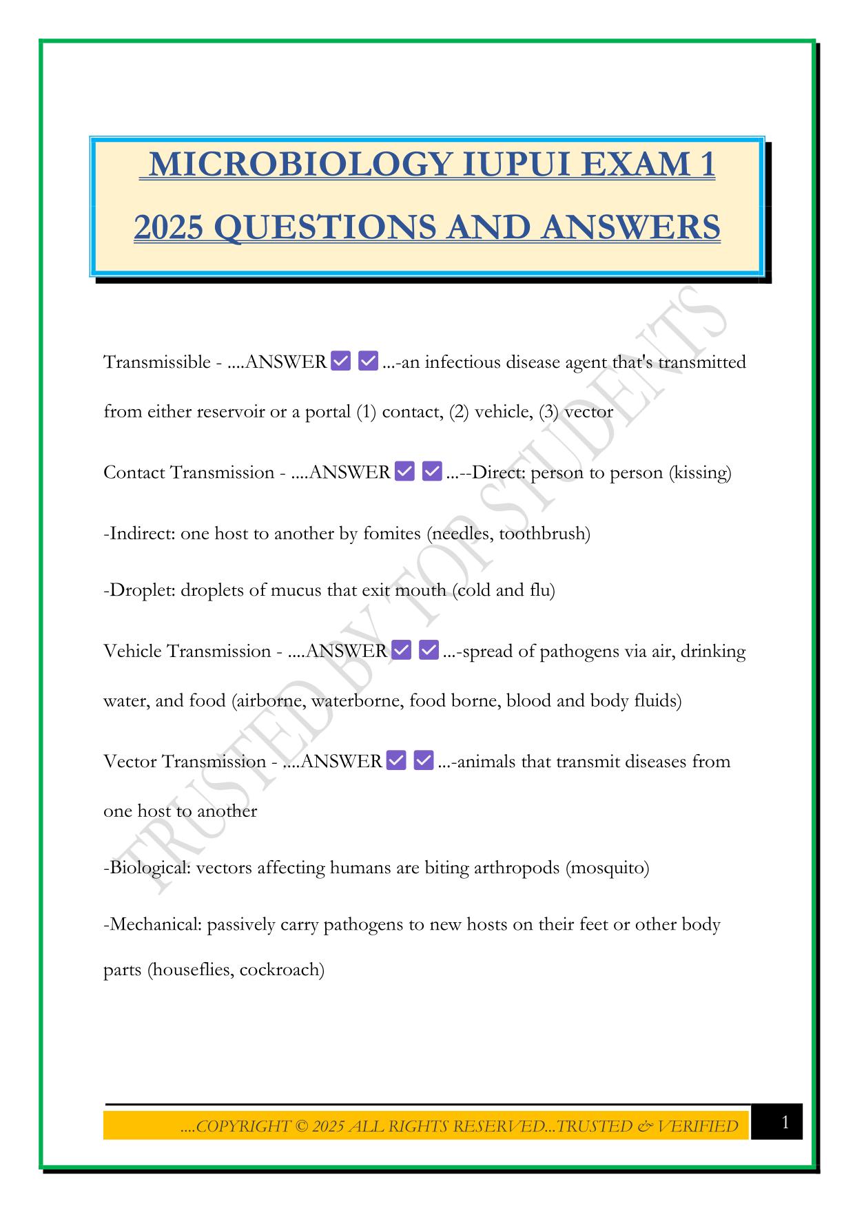 MICROBIOLOGY IUPUI EXAM 1 2025 QUESTIONS AND ANSWERS