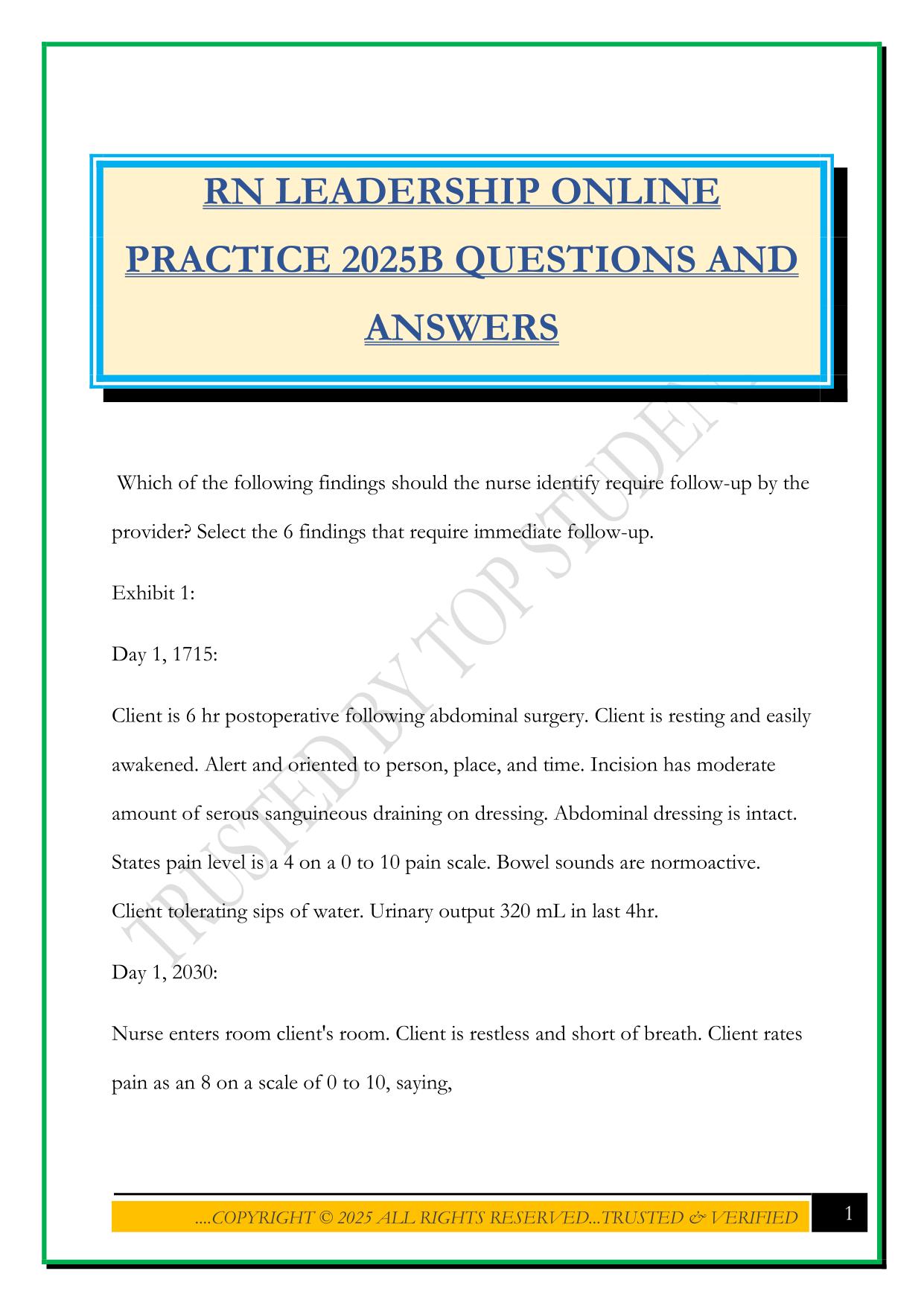 RN LEADERSHIP ONLINE PRACTICE 2025B QUESTIONS AND ANSWERS