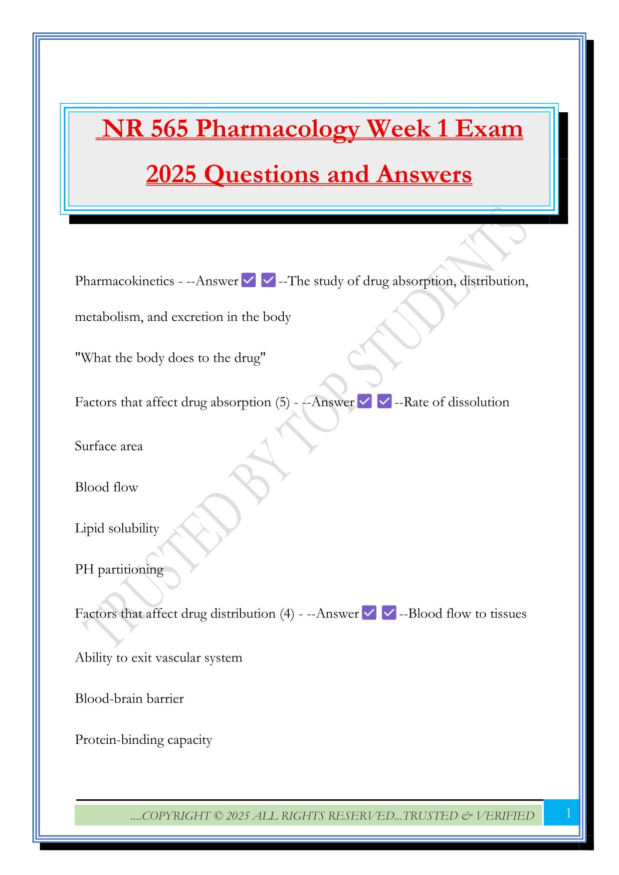 NR 565 Pharmacology Week 1 Exam 2025 Questions and Answers