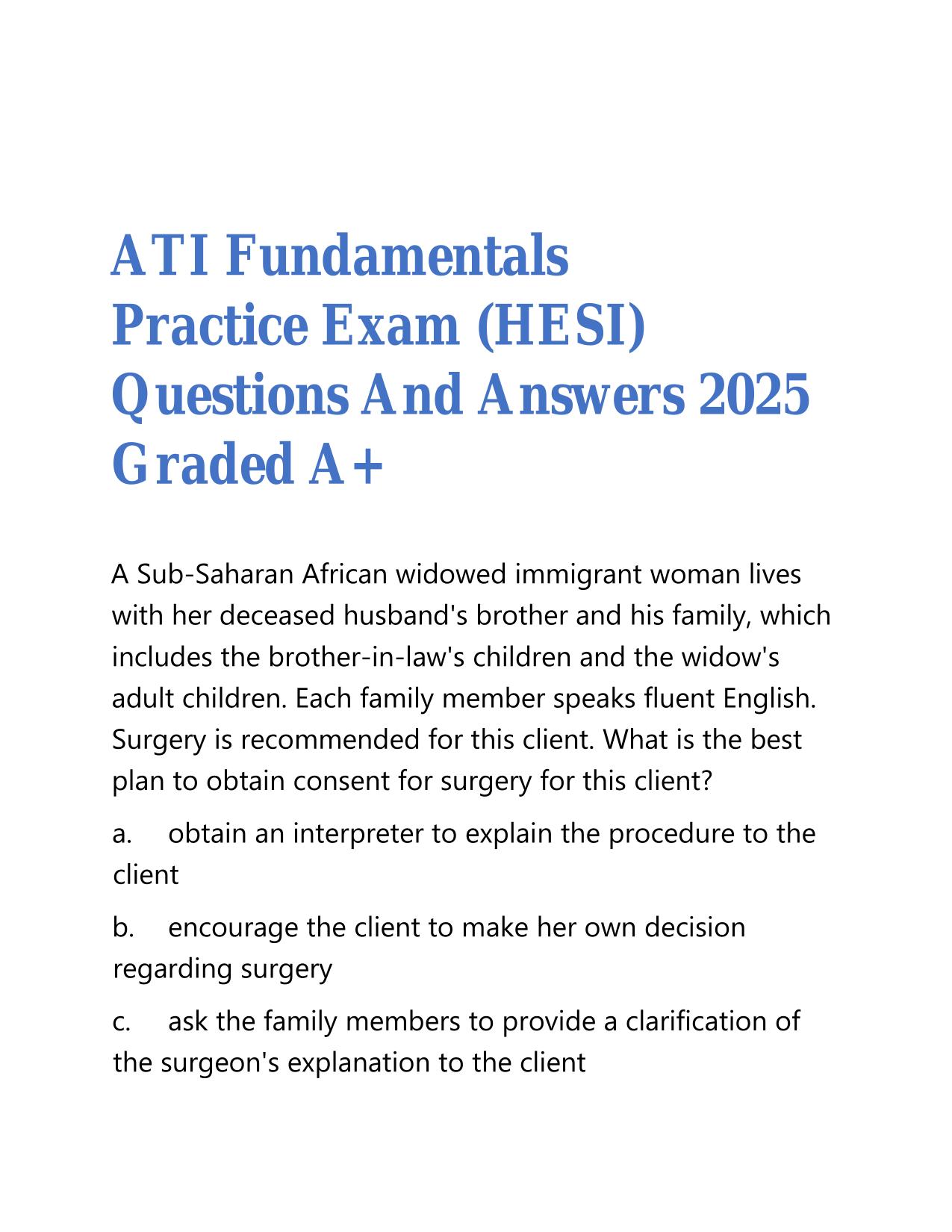 ATI Fundamentals Practice Exam (HESI) Questions And Answers 2025 Graded A+