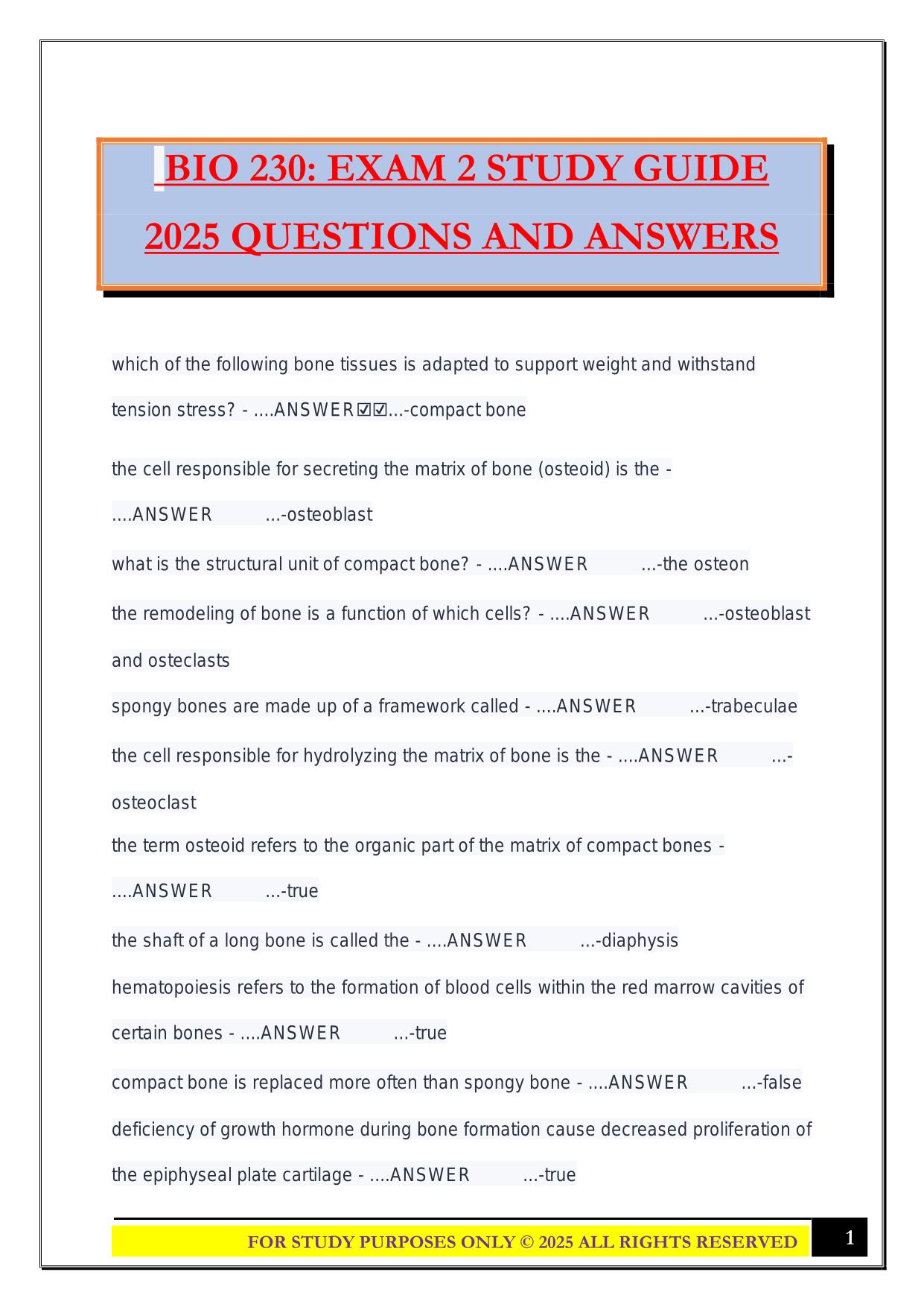 BIO 230: EXAM 2 STUDY GUIDE 2025 QUESTIONS AND ANSWERS