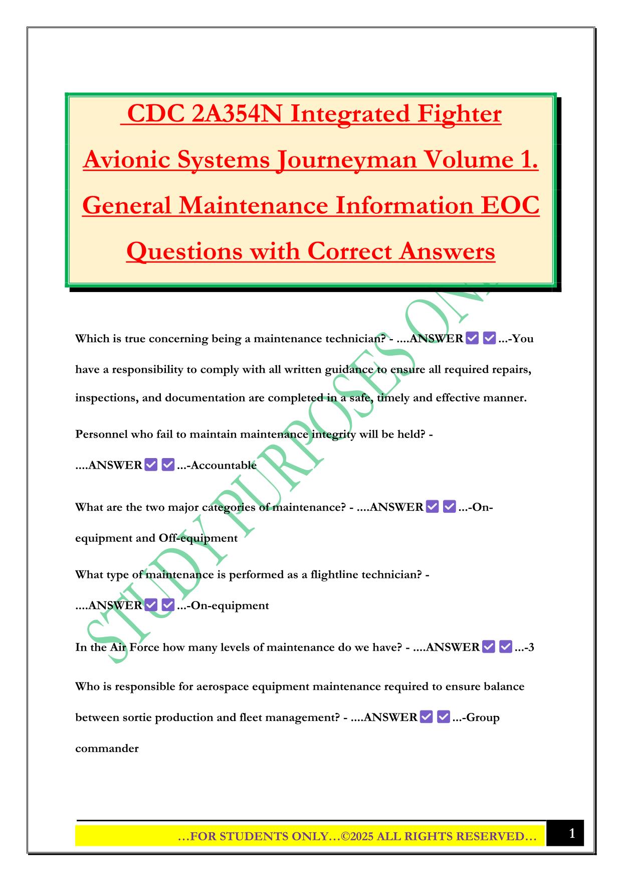 CDC 2A354N Integrated Fighter Avionic Systems Journeyman Volume 1. General Maintenance Information EOC Questions with Correct Answers