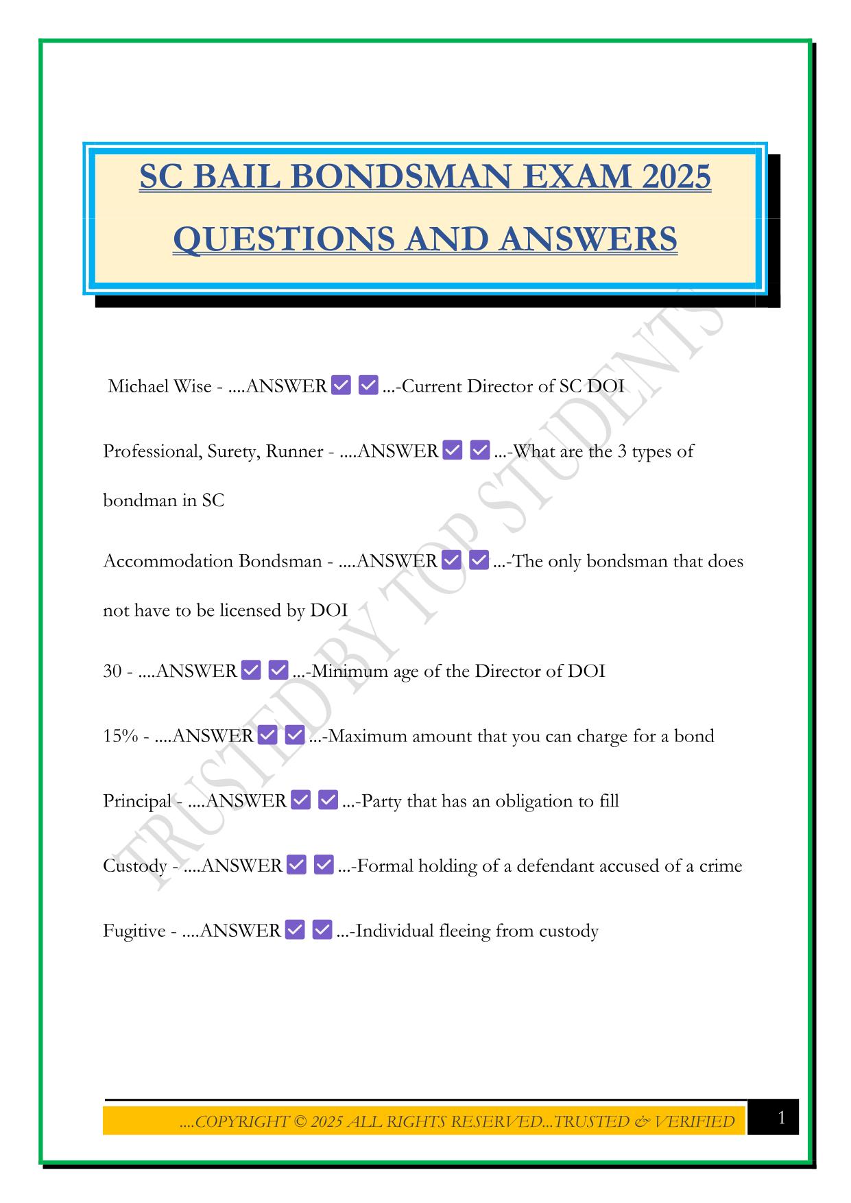 SC BAIL BONDSMAN EXAM 2025 QUESTIONS AND ANSWERS