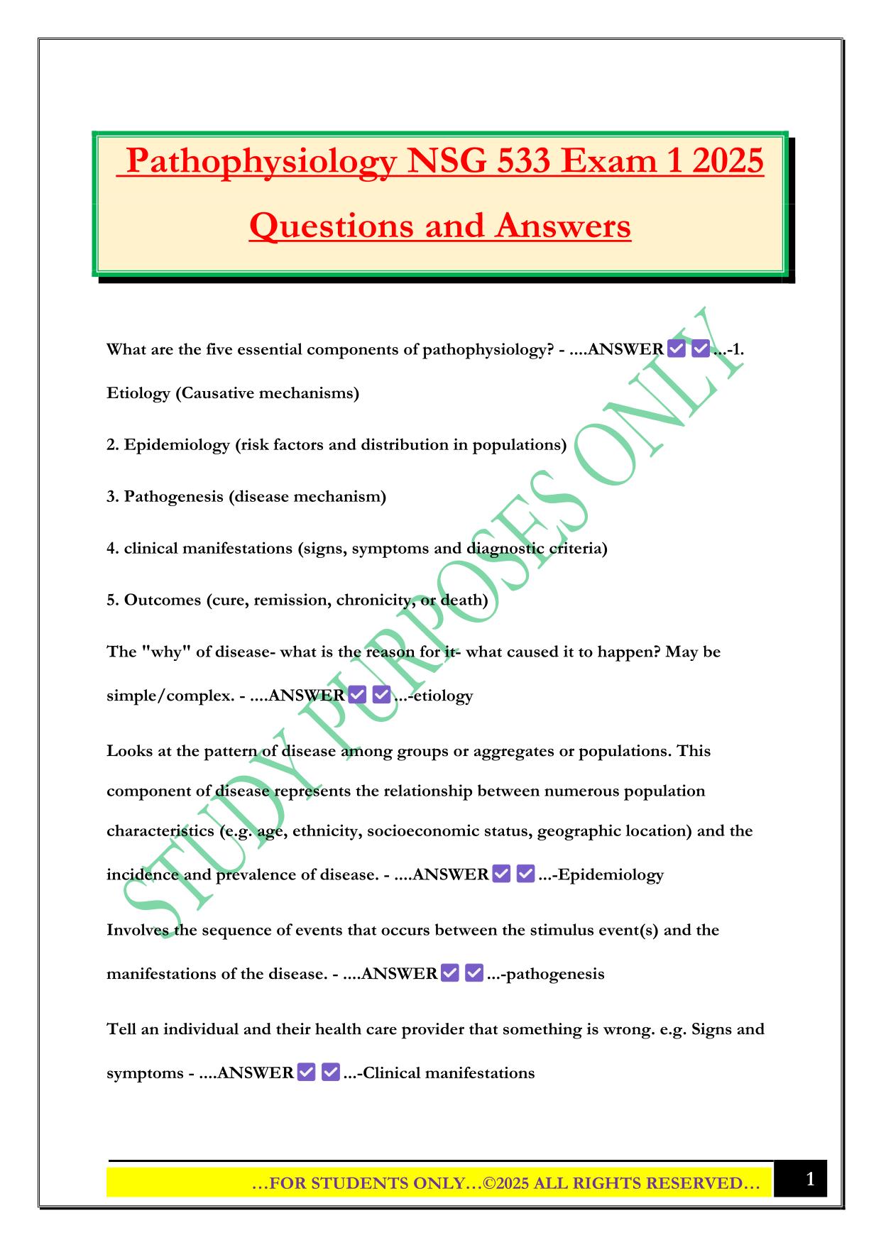 Pathophysiology NSG 533 Exam 1 2025 Questions and Answers