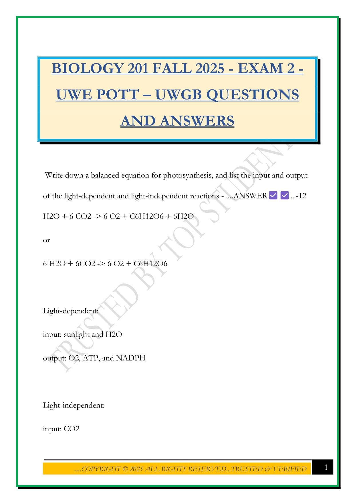 BIOLOGY 201 FALL 2025 - EXAM 2 - UWE POTT – UWGB QUESTIONS AND ANSWERS