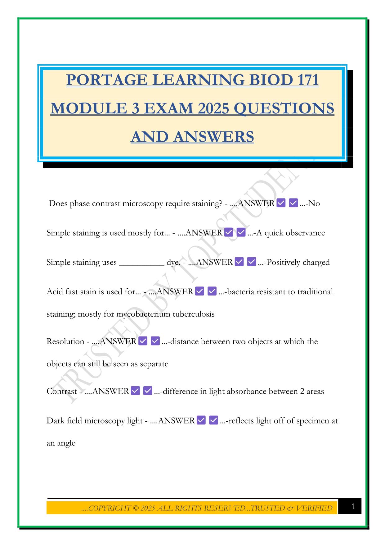 PORTAGE LEARNING BIOD 171 MODULE 3 EXAM 2025 QUESTIONS AND ANSWERS