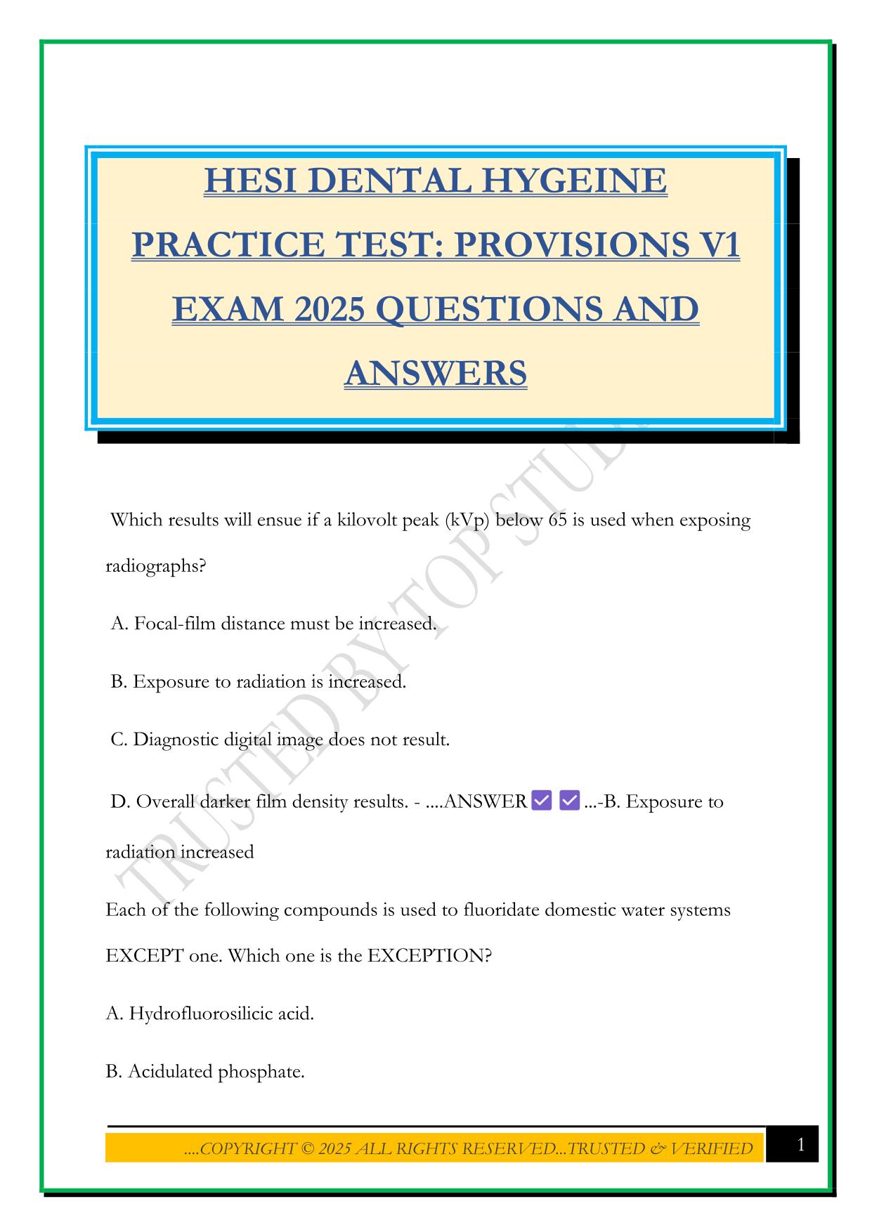 HESI DENTAL HYGEINE PRACTICE TEST: PROVISIONS V1 EXAM 2025 QUESTIONS AND ANSWERS