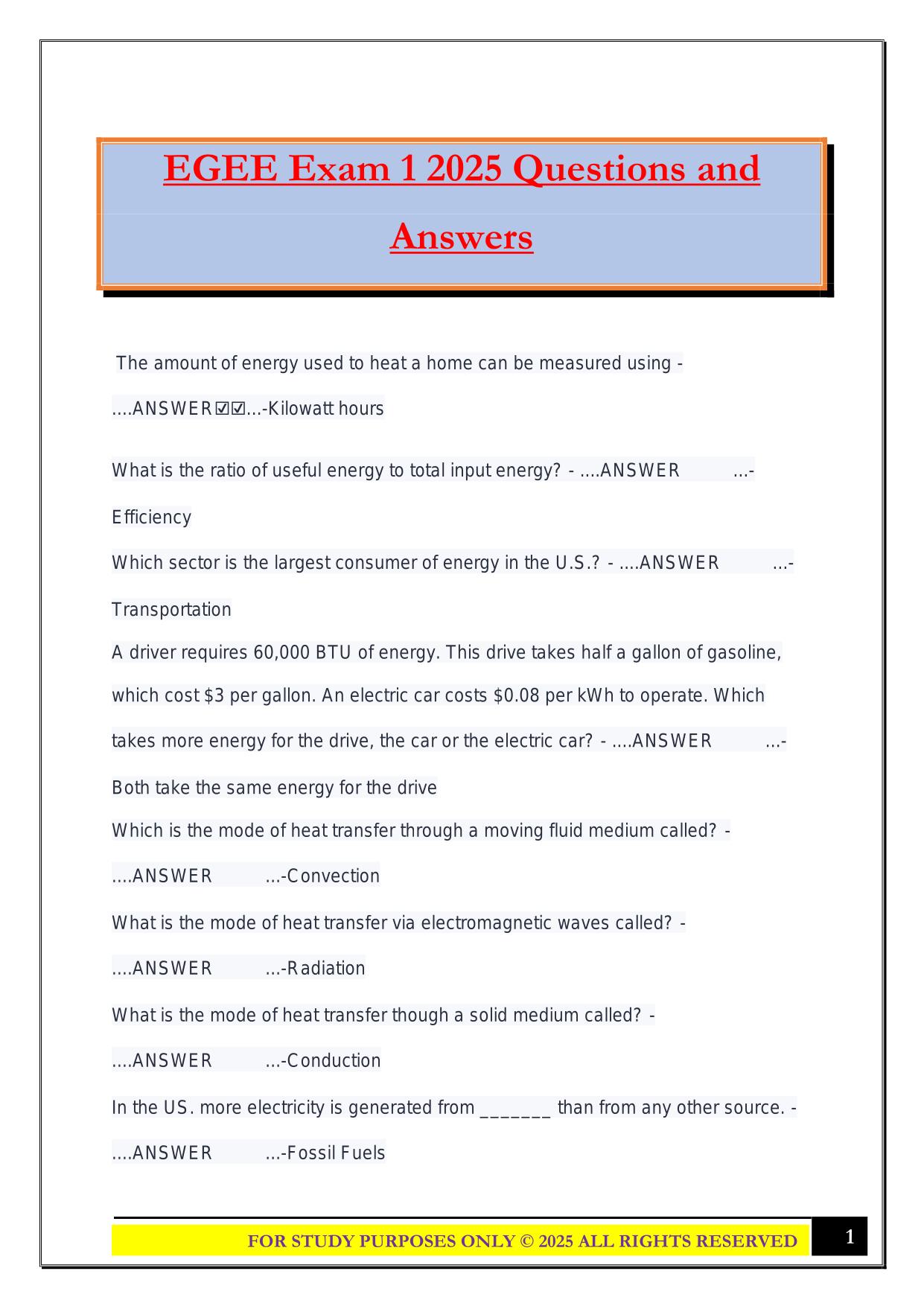 EGEE Exam 1 2025 Questions and Answers
