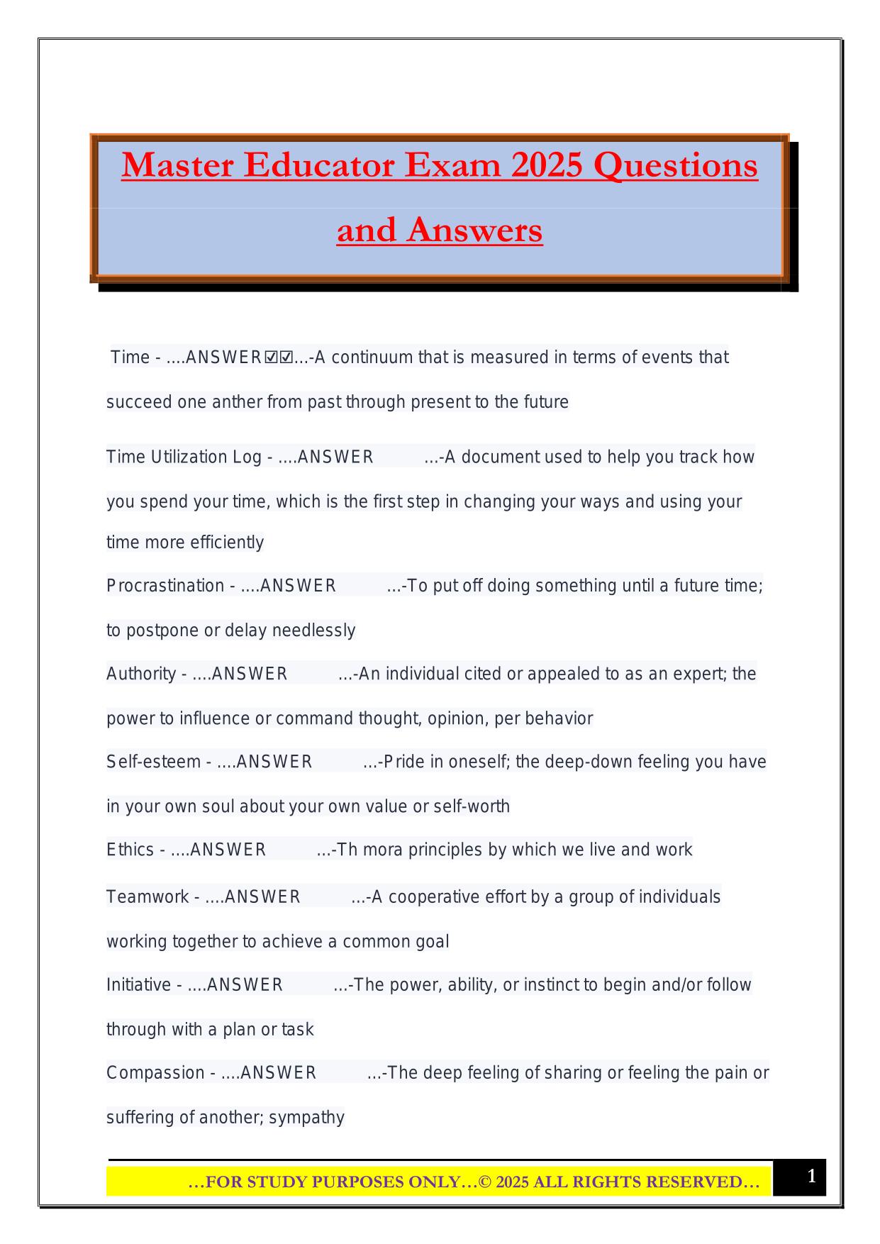 Master Educator Exam 2025 Questions and Answers
