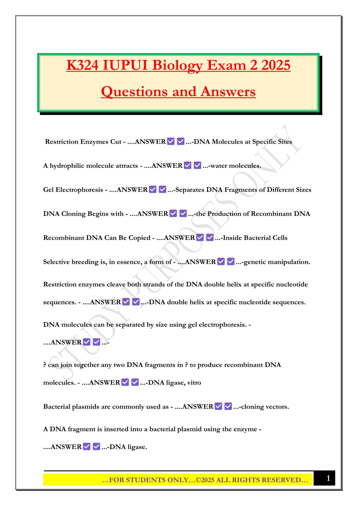 K324 IUPUI Biology Exam 2 2025 Questions and Answers