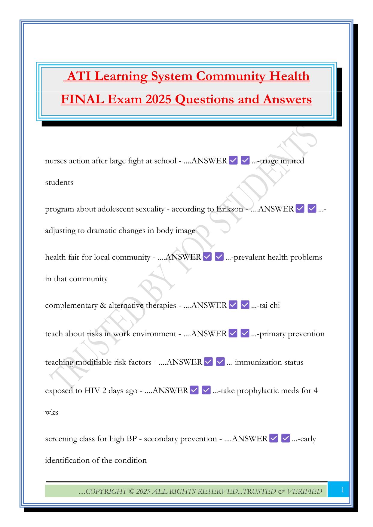 ATI Learning System Community Health FINAL Exam 2025 Questions and Answers