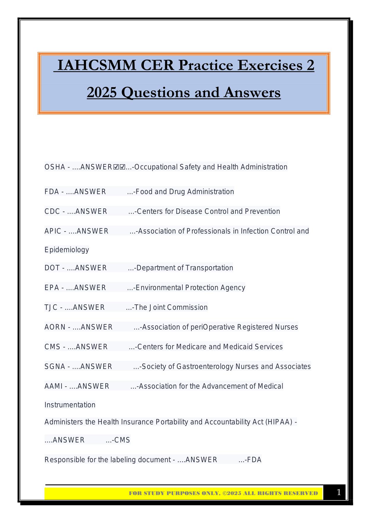 IAHCSMM CER Practice Exercises 2 2025 Questions and Answers