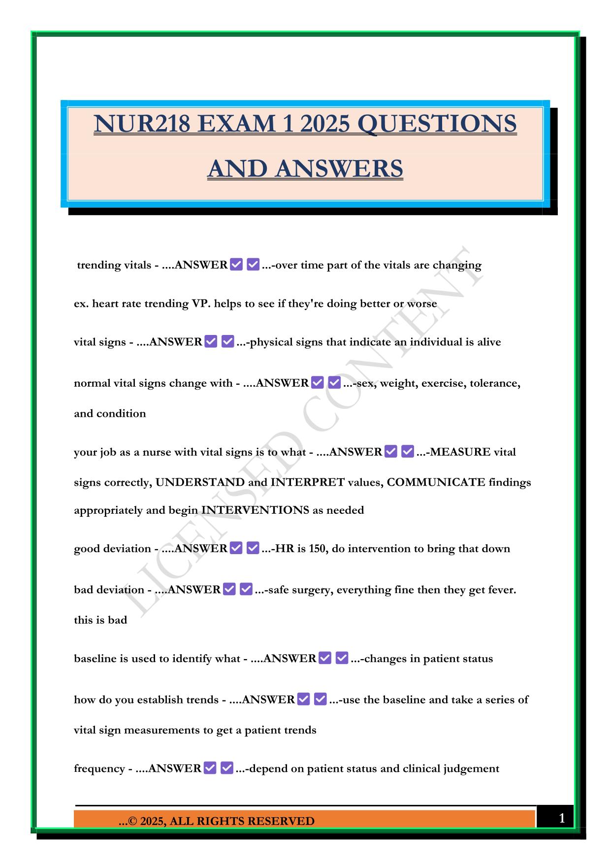 NUR218 EXAM 1 2025 QUESTIONS AND ANSWERS