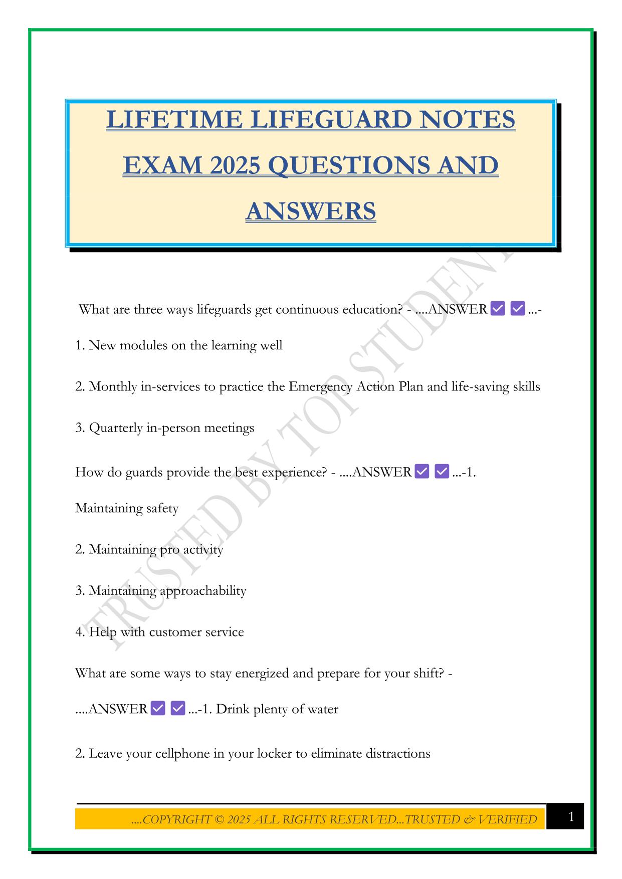 LIFETIME LIFEGUARD NOTES EXAM 2025 QUESTIONS AND ANSWERS