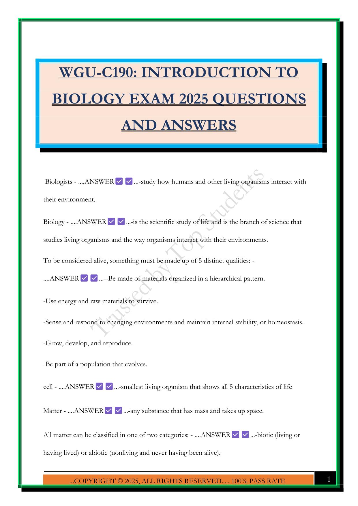 WGU-C190: INTRODUCTION TO BIOLOGY EXAM 2025 QUESTIONS AND ANSWERS