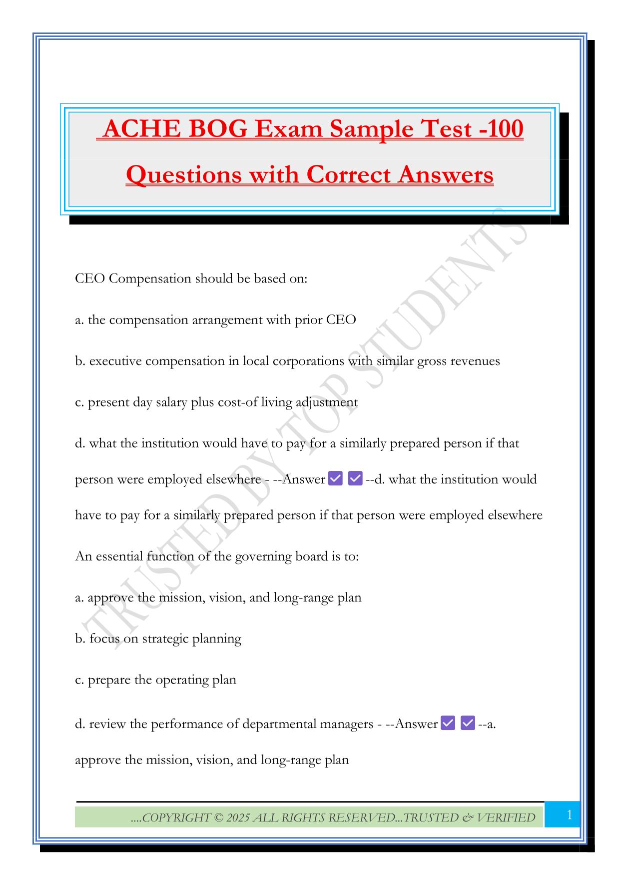 ACHE BOG Exam Sample Test -100 Questions with Correct Answers