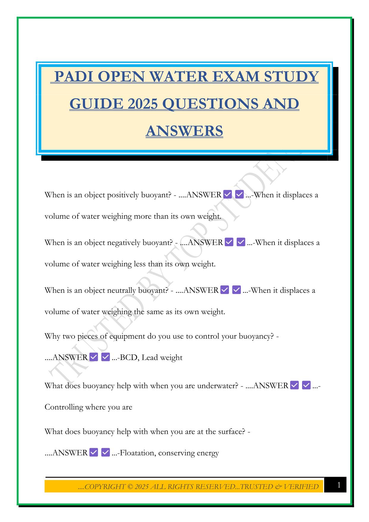 PADI OPEN WATER EXAM STUDY GUIDE 2025 QUESTIONS AND ANSWERS