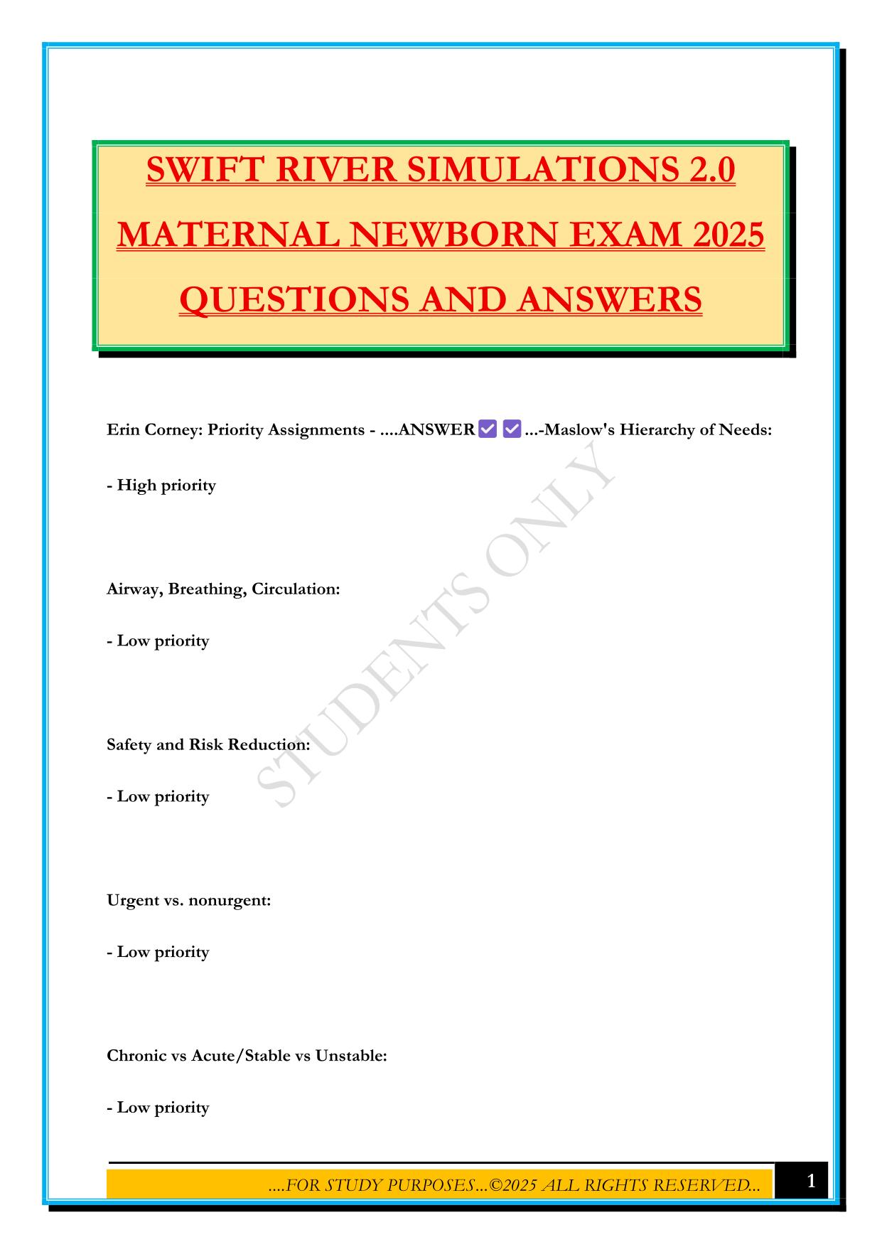 SWIFT RIVER SIMULATIONS 2.0 MATERNAL NEWBORN EXAM 2025 QUESTIONS AND ANSWERS