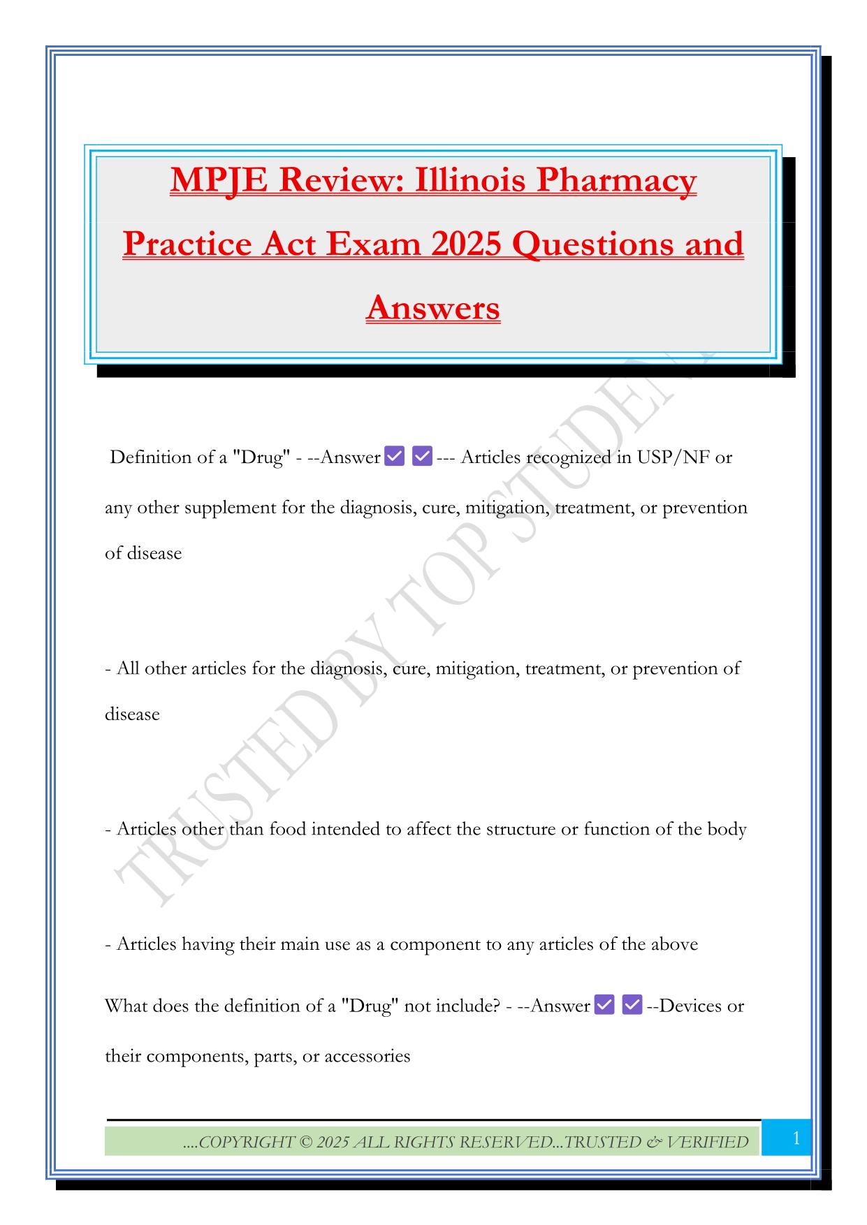 MPJE Review: Illinois Pharmacy Practice Act Exam 2025 Questions and Answers