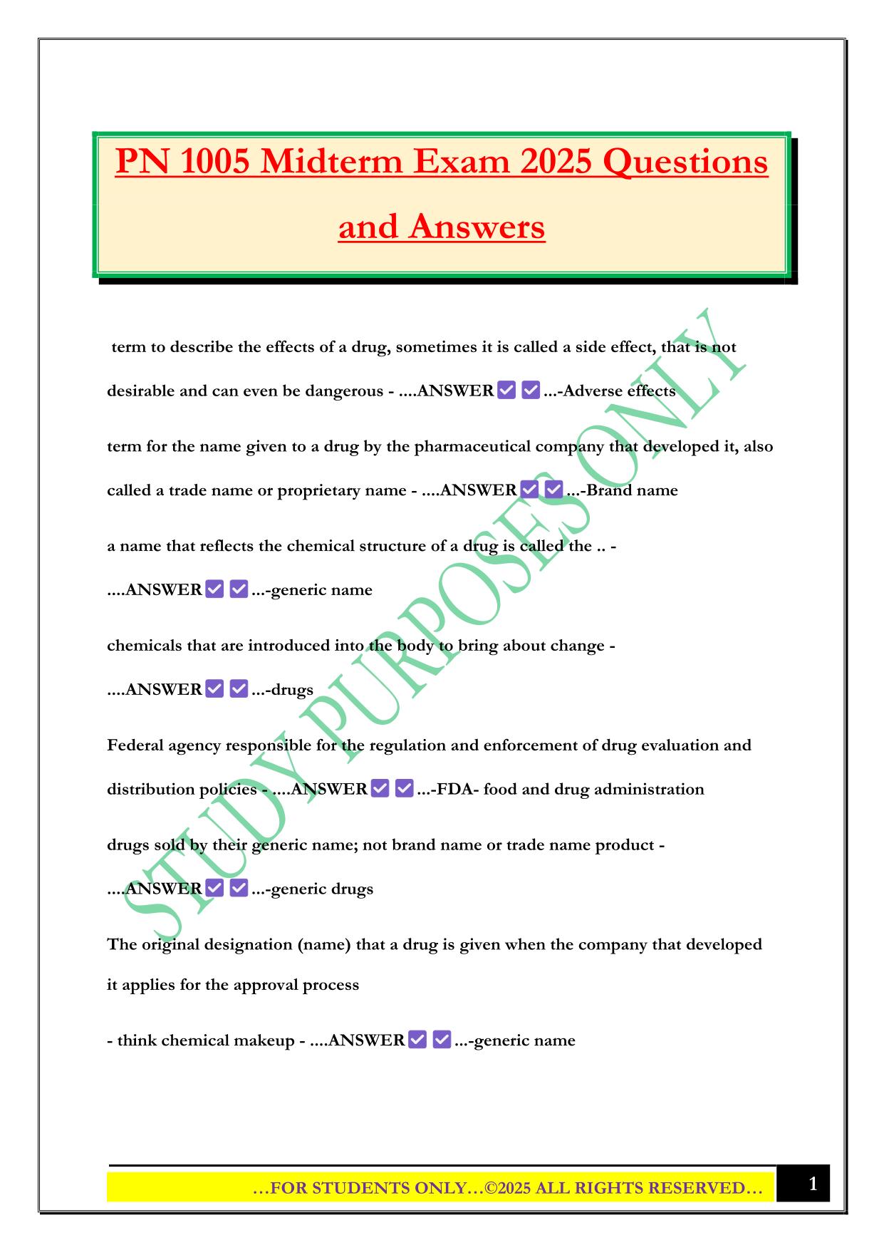 PN 1005 Midterm Exam 2025 Questions and Answers