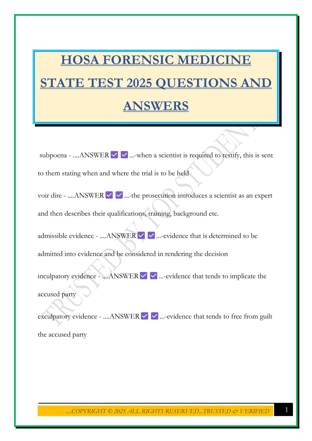 HOSA FORENSIC MEDICINE STATE TEST 2025 QUESTIONS AND ANSWERS
