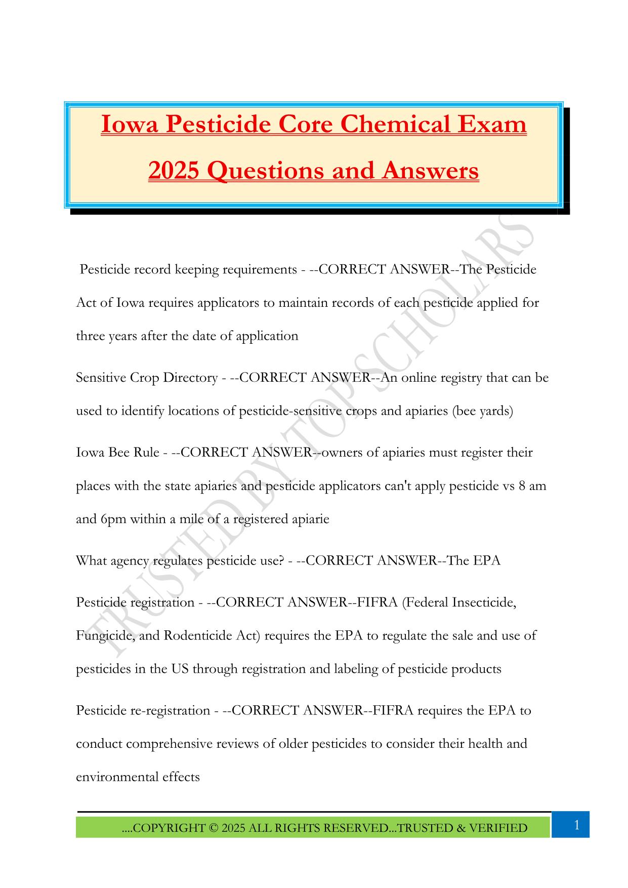 Iowa Pesticide Core Chemical Exam 2025 Questions and Answers