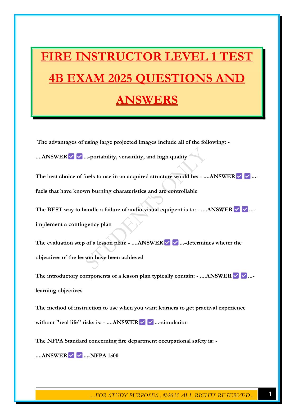 FIRE INSTRUCTOR LEVEL 1 TEST 4B EXAM 2025 QUESTIONS AND ANSWERS
