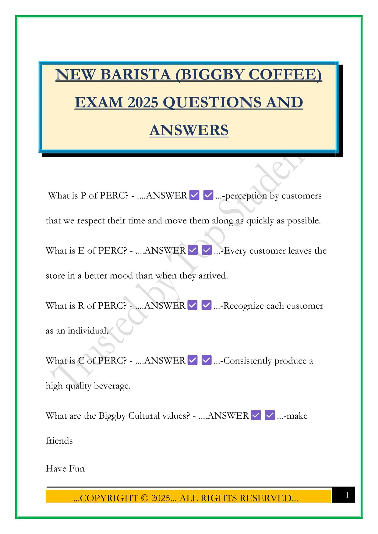 NEW BARISTA (BIGGBY COFFEE) EXAM 2025 QUESTIONS AND ANSWERS