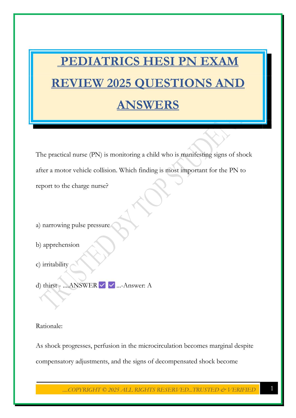 PEDIATRICS HESI PN EXAM REVIEW 2025 QUESTIONS AND ANSWERS