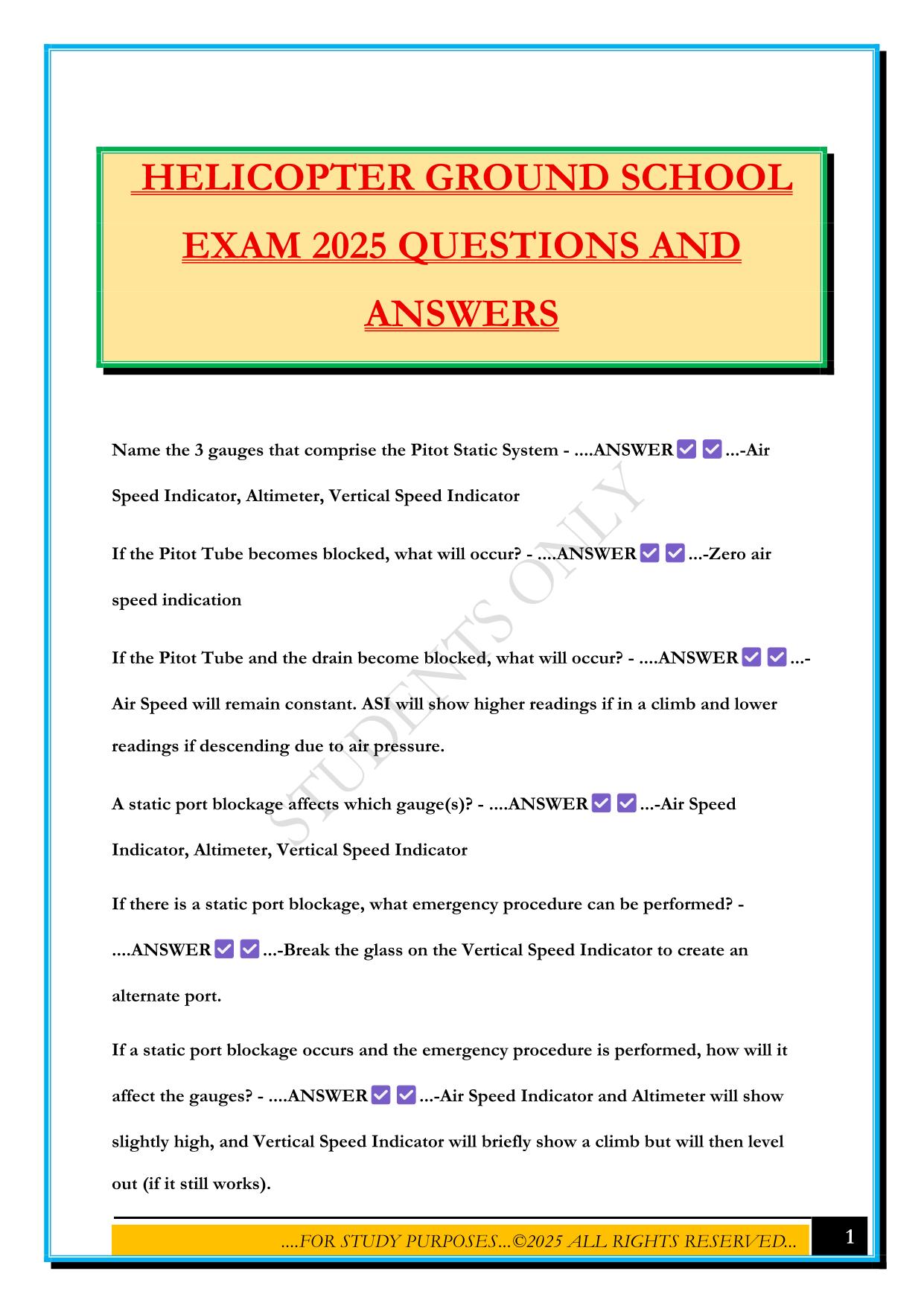 HELICOPTER GROUND SCHOOL EXAM 2025 QUESTIONS AND ANSWERS