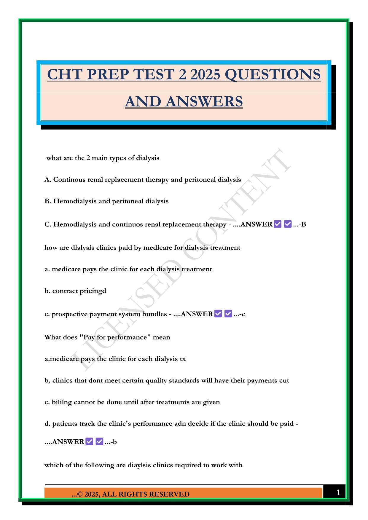 CHT PREP TEST 2 2025 QUESTIONS AND ANSWERS
