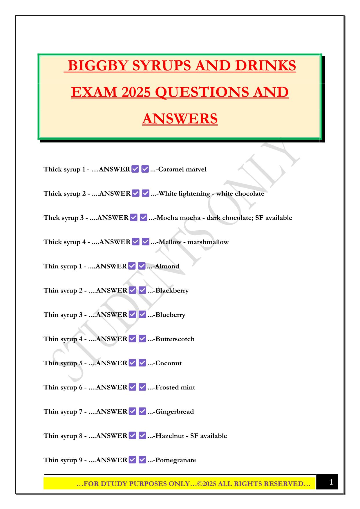 BIGGBY SYRUPS AND DRINKS EXAM 2025 QUESTIONS AND ANSWERS