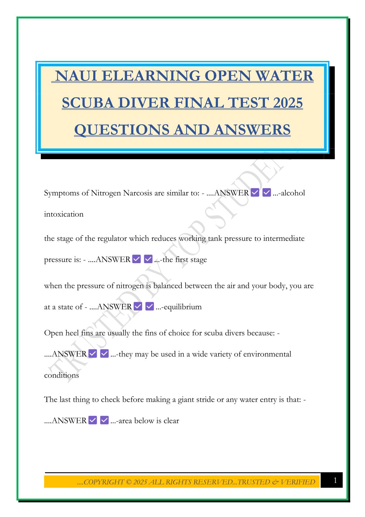 NAUI ELEARNING OPEN WATER SCUBA DIVER FINAL TEST 2025 QUESTIONS AND ANSWERS