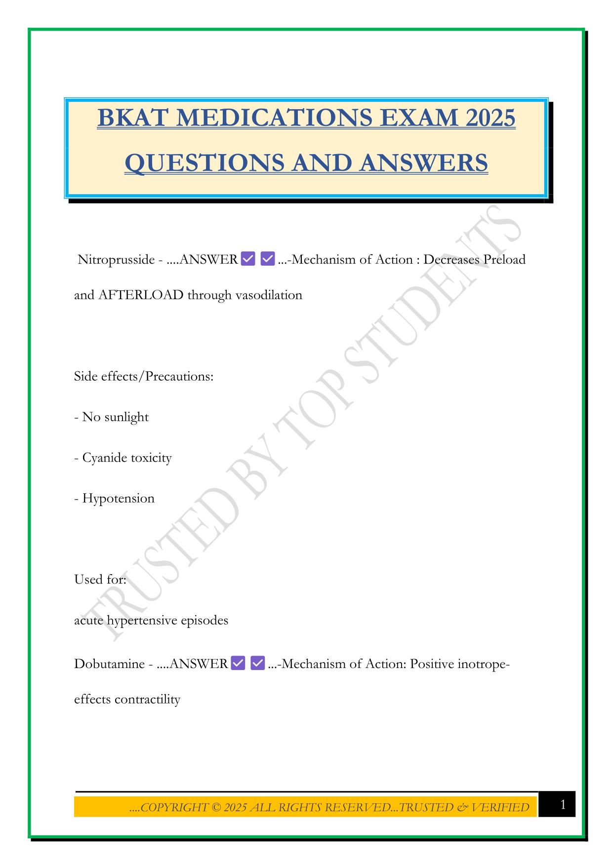 BKAT MEDICATIONS EXAM 2025 QUESTIONS AND ANSWERS
