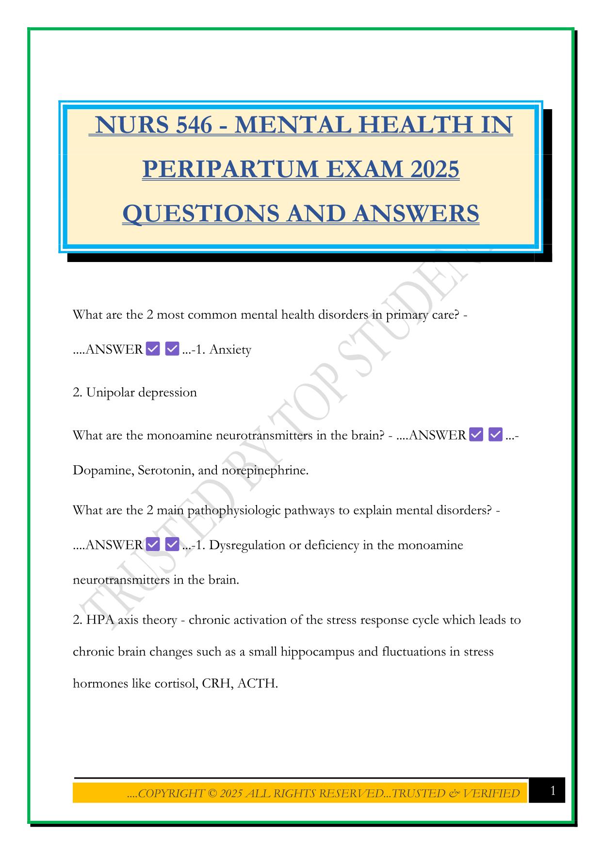 NURS 546 - MENTAL HEALTH IN PERIPARTUM EXAM 2025 QUESTIONS AND ANSWERS