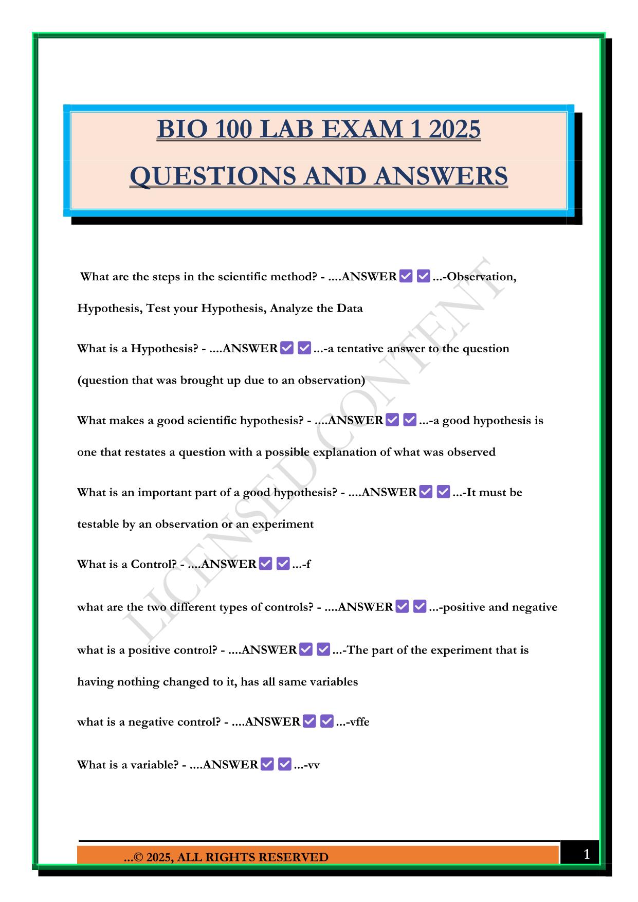 BIO 100 LAB EXAM 1 2025 QUESTIONS AND ANSWERS