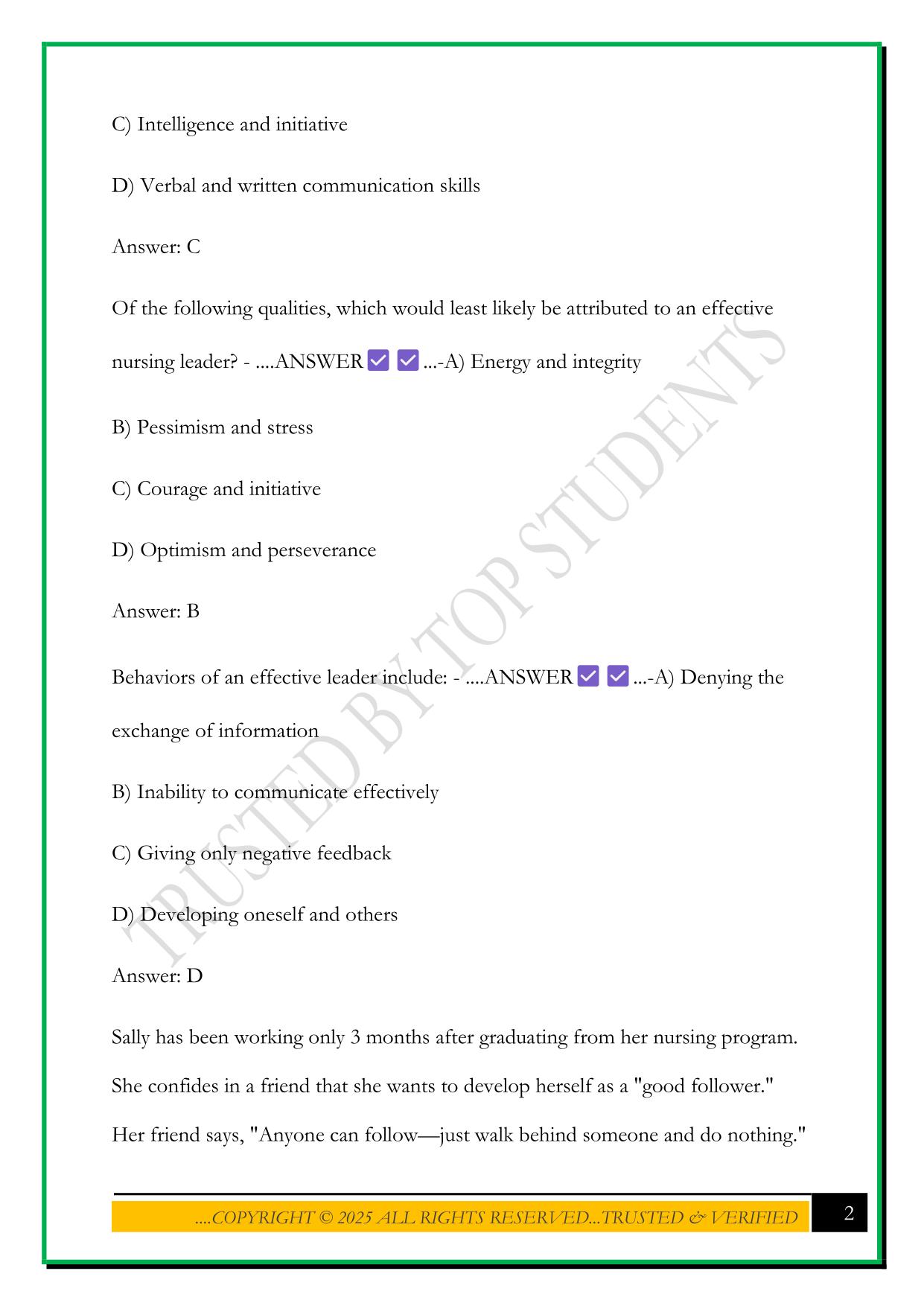 ESSENTIALS OF NURSING LEADERSHIP & MANAGEMENT EXAM 2025 QUESTIONS AND ANSWERS