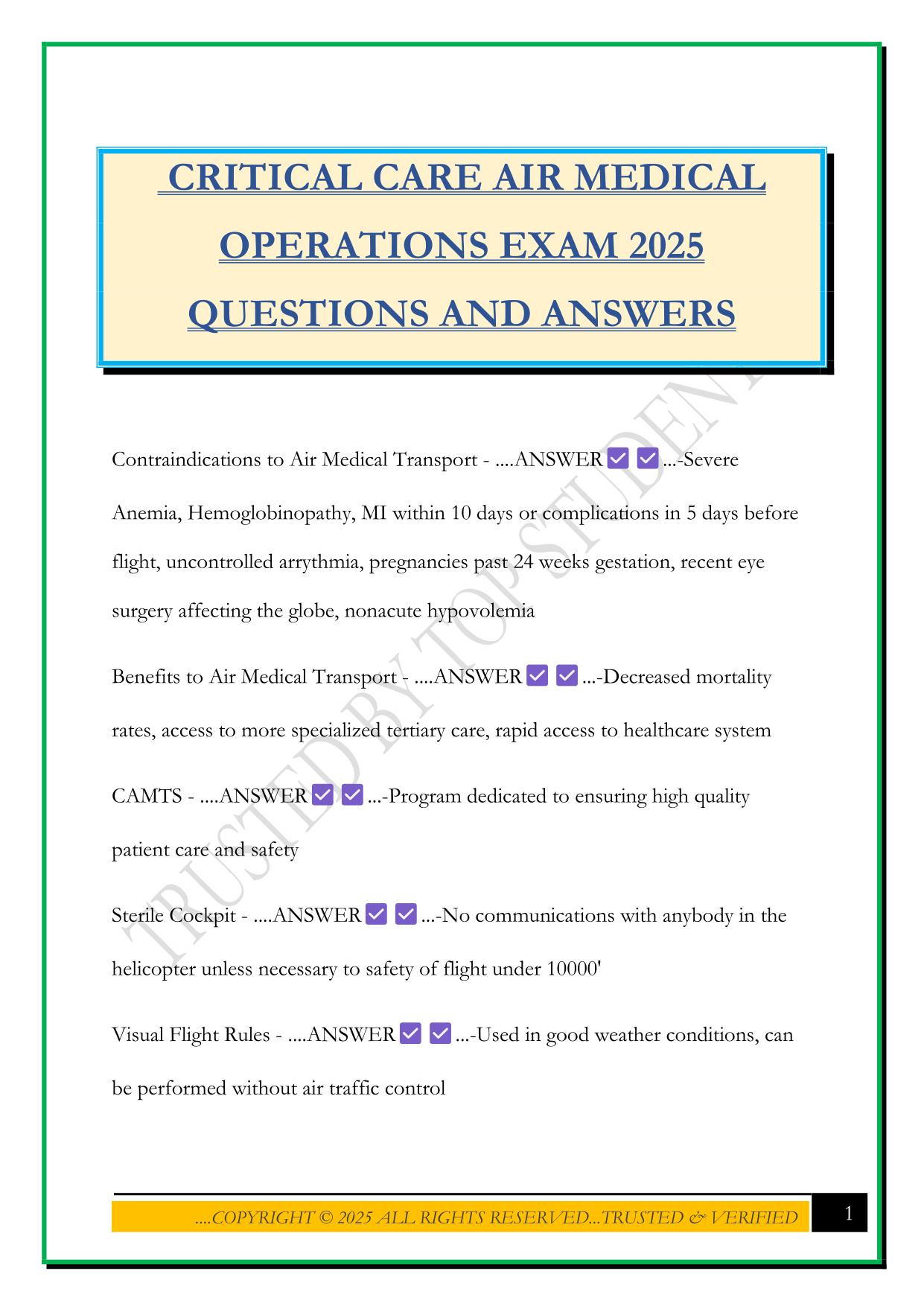 CRITICAL CARE AIR MEDICAL OPERATIONS EXAM 2025 QUESTIONS AND ANSWERS