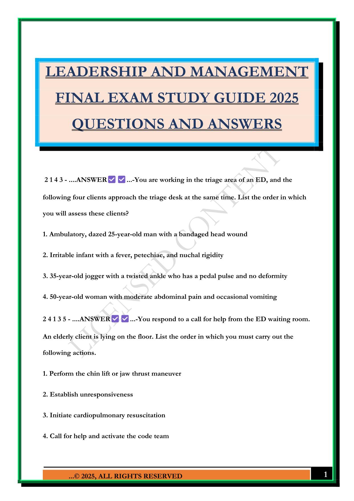 LEADERSHIP AND MANAGEMENT FINAL EXAM STUDY GUIDE 2025 QUESTIONS AND ANSWERS