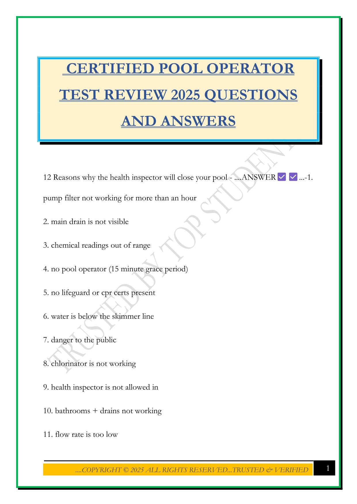 CERTIFIED POOL OPERATOR TEST REVIEW 2025 QUESTIONS AND ANSWERS