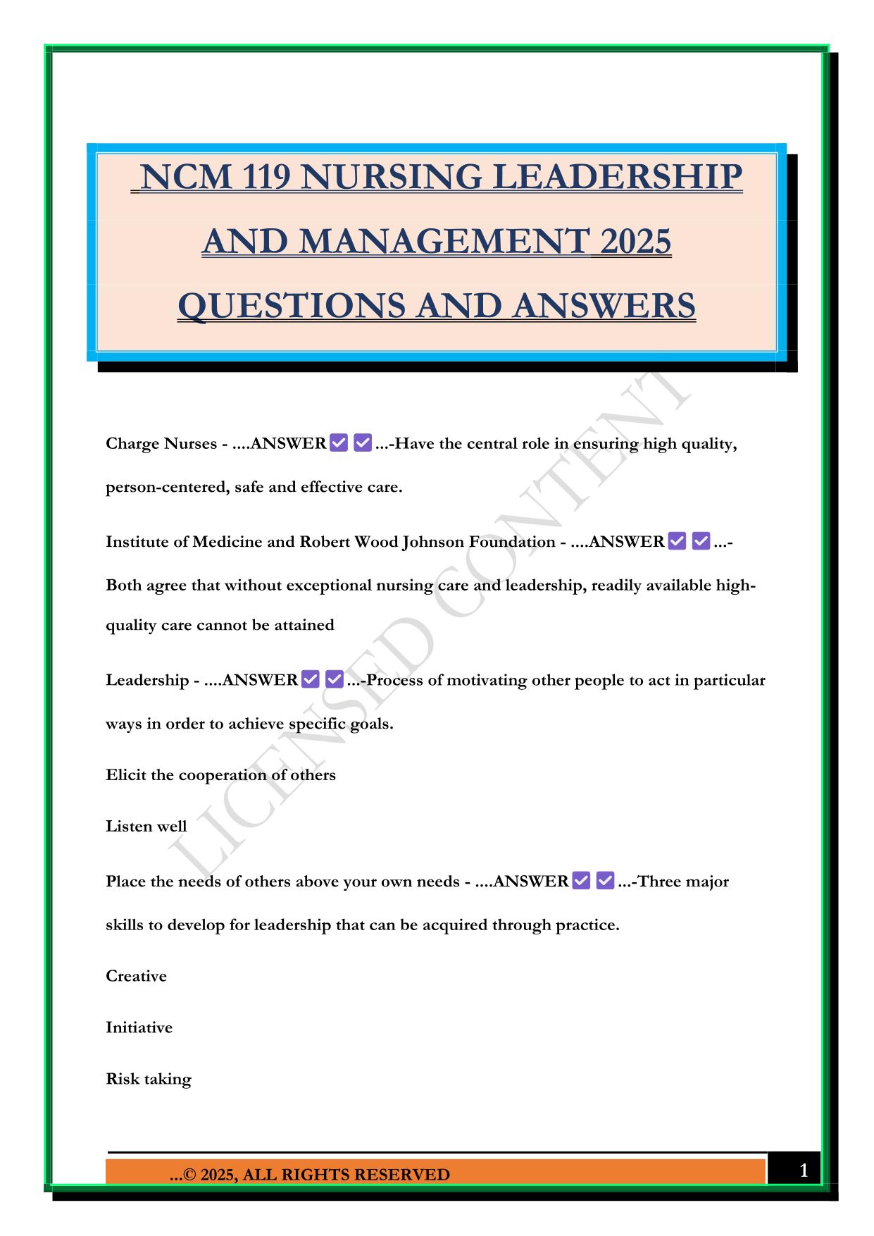 NURSING LEADERSHIP Bundled Exams Questions and Answers 100% Pass