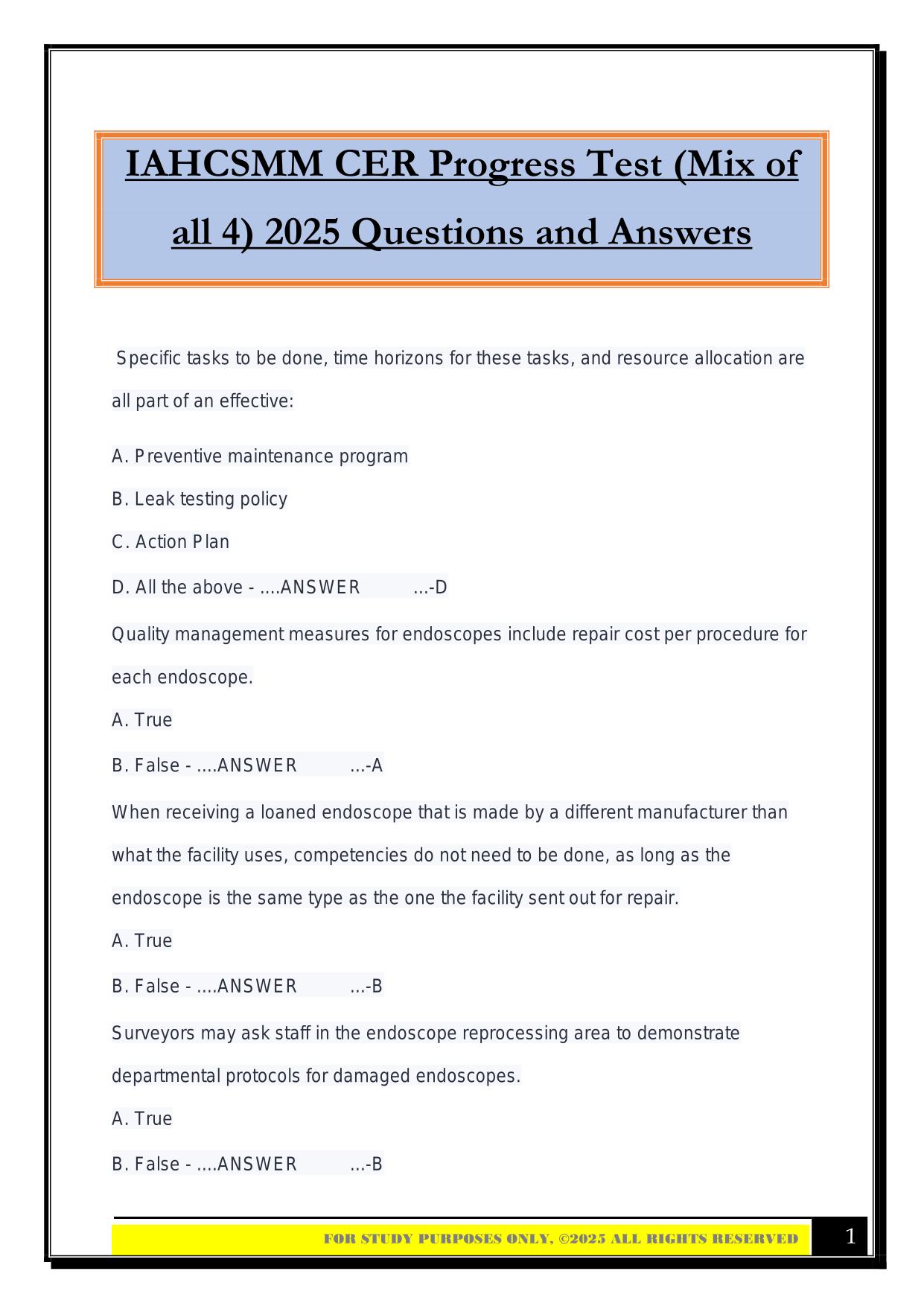 IAHCSMM CER Progress Test (Mix of all 4) 2025 Questions and Answers