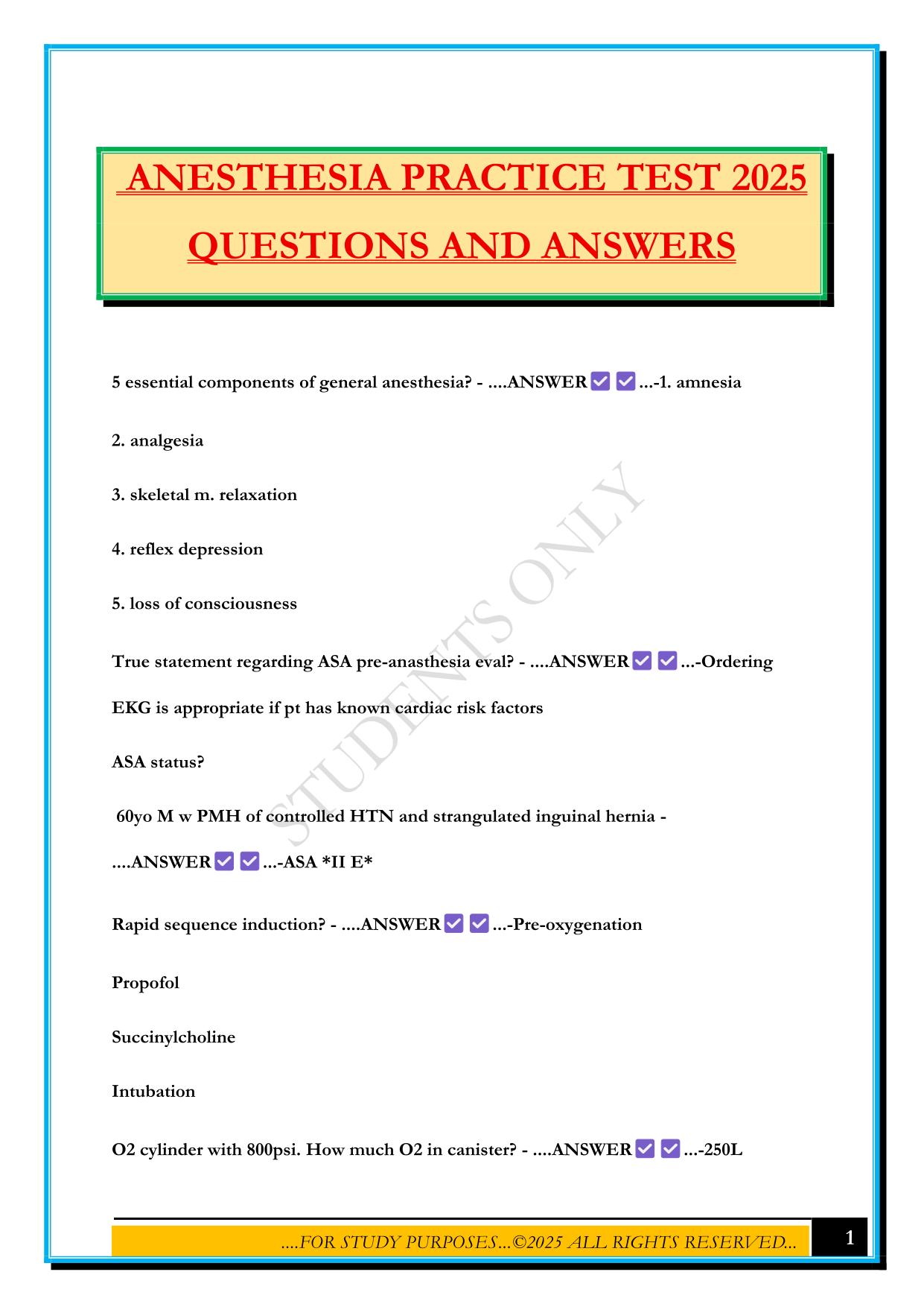 ANESTHESIA PRACTICE TEST 2025 QUESTIONS AND ANSWERS
