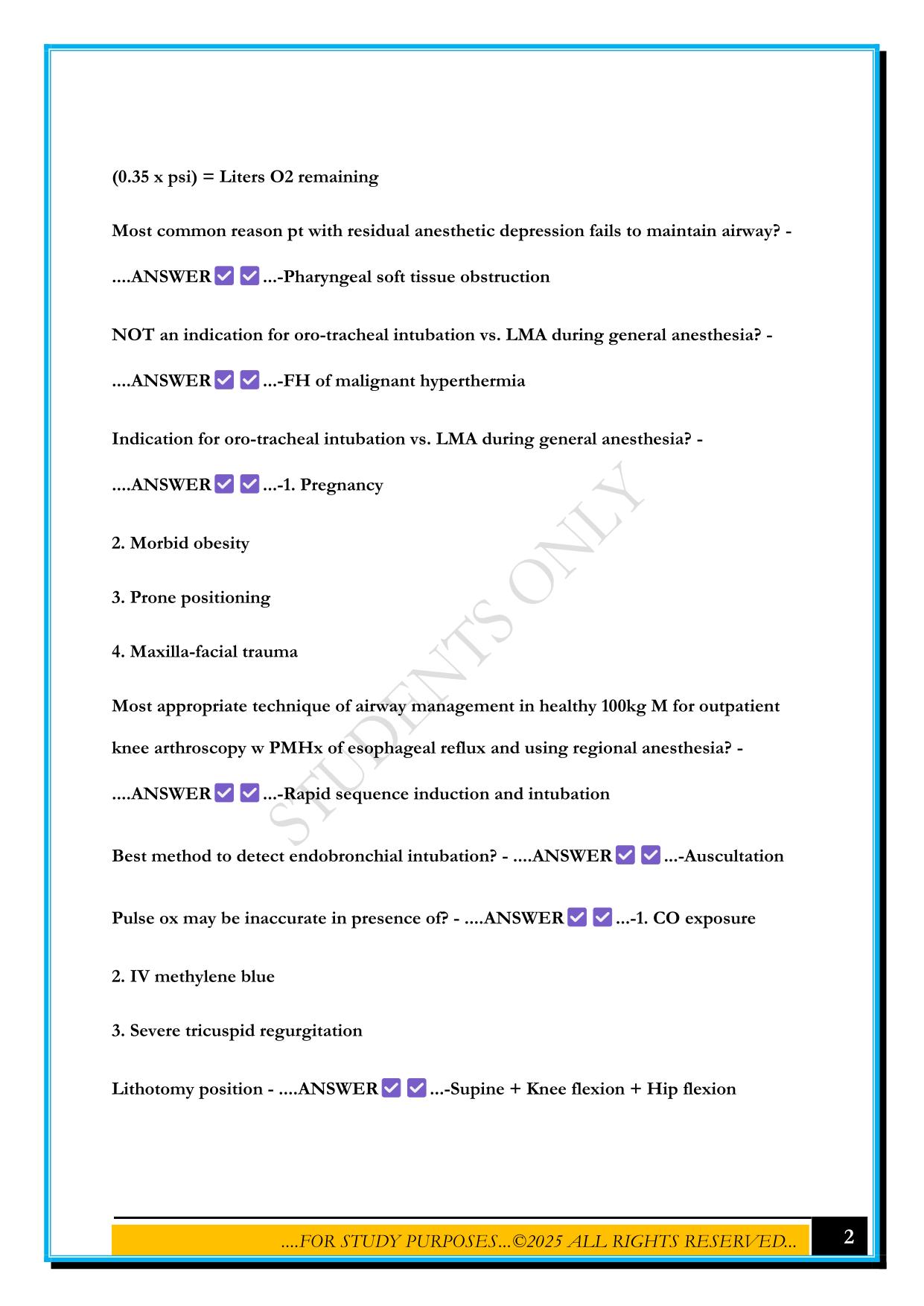ANESTHESIA PRACTICE TEST 2025 QUESTIONS AND ANSWERS