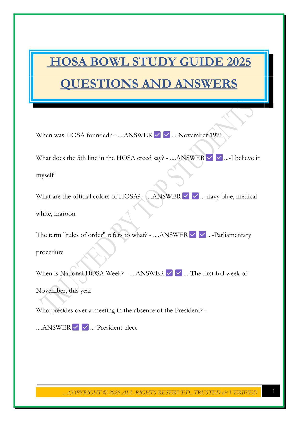HOSA BOWL STUDY GUIDE 2025 QUESTIONS AND ANSWERS